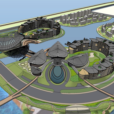  新中式商业度假酒店鸟瞰su模型 