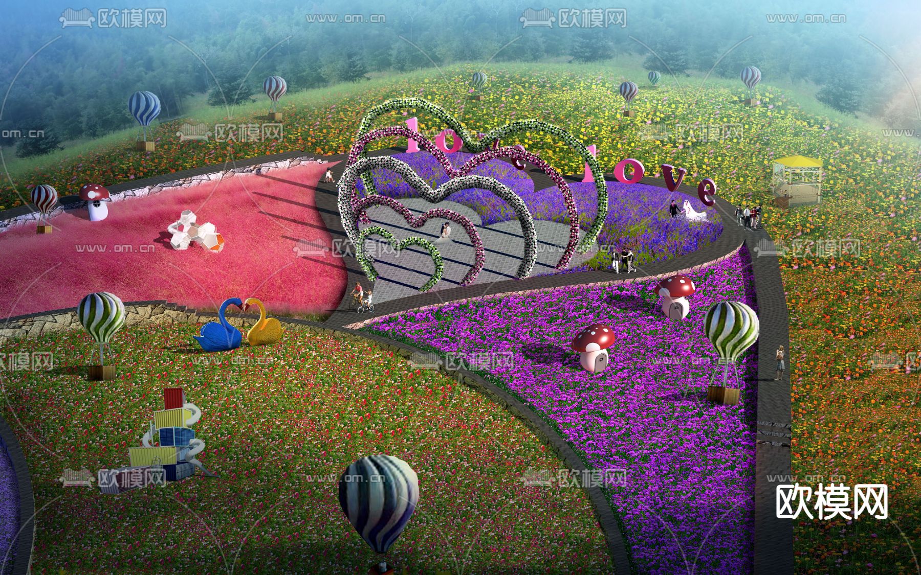 现代花海公园鸟瞰psd下载