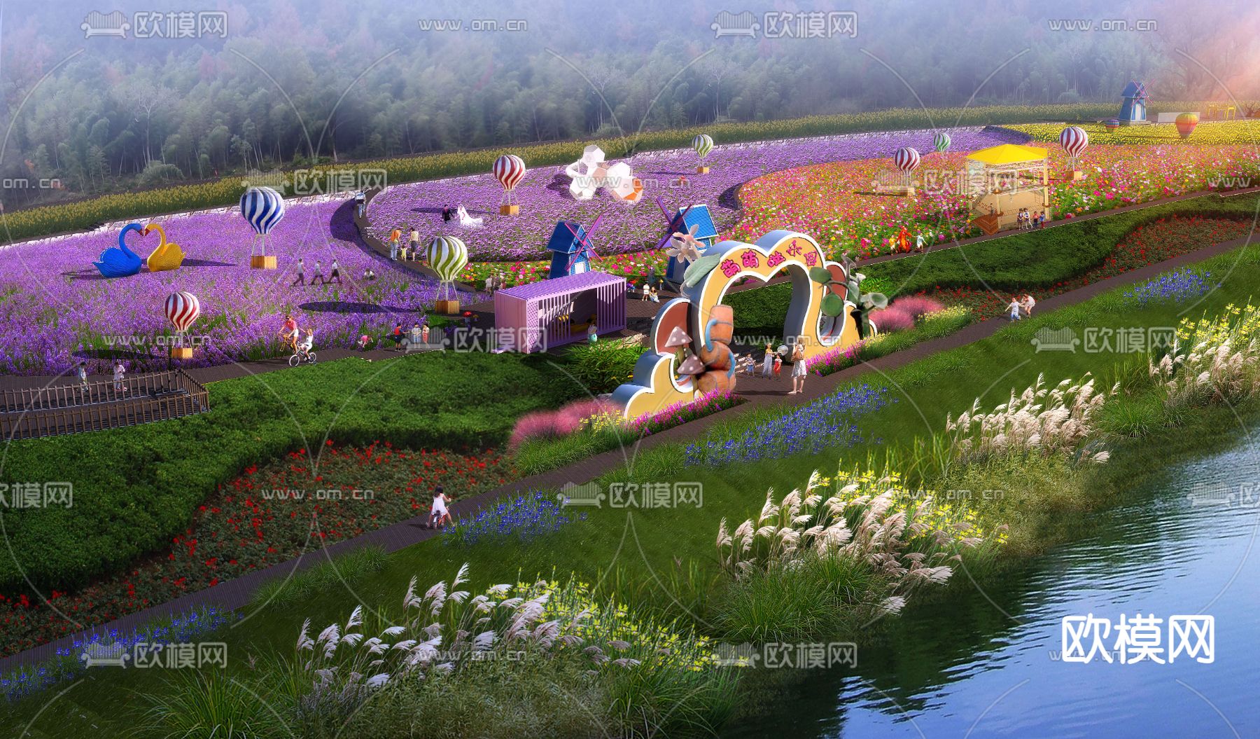 现代花海公园鸟瞰psd下载