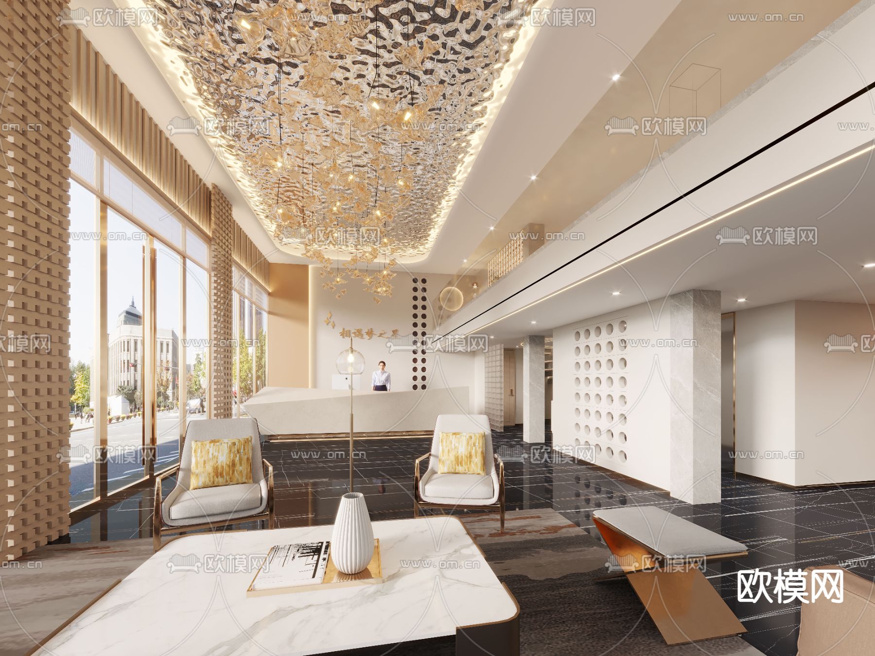 轻奢风酒店公寓大堂3d模型下载（渲染图3）
