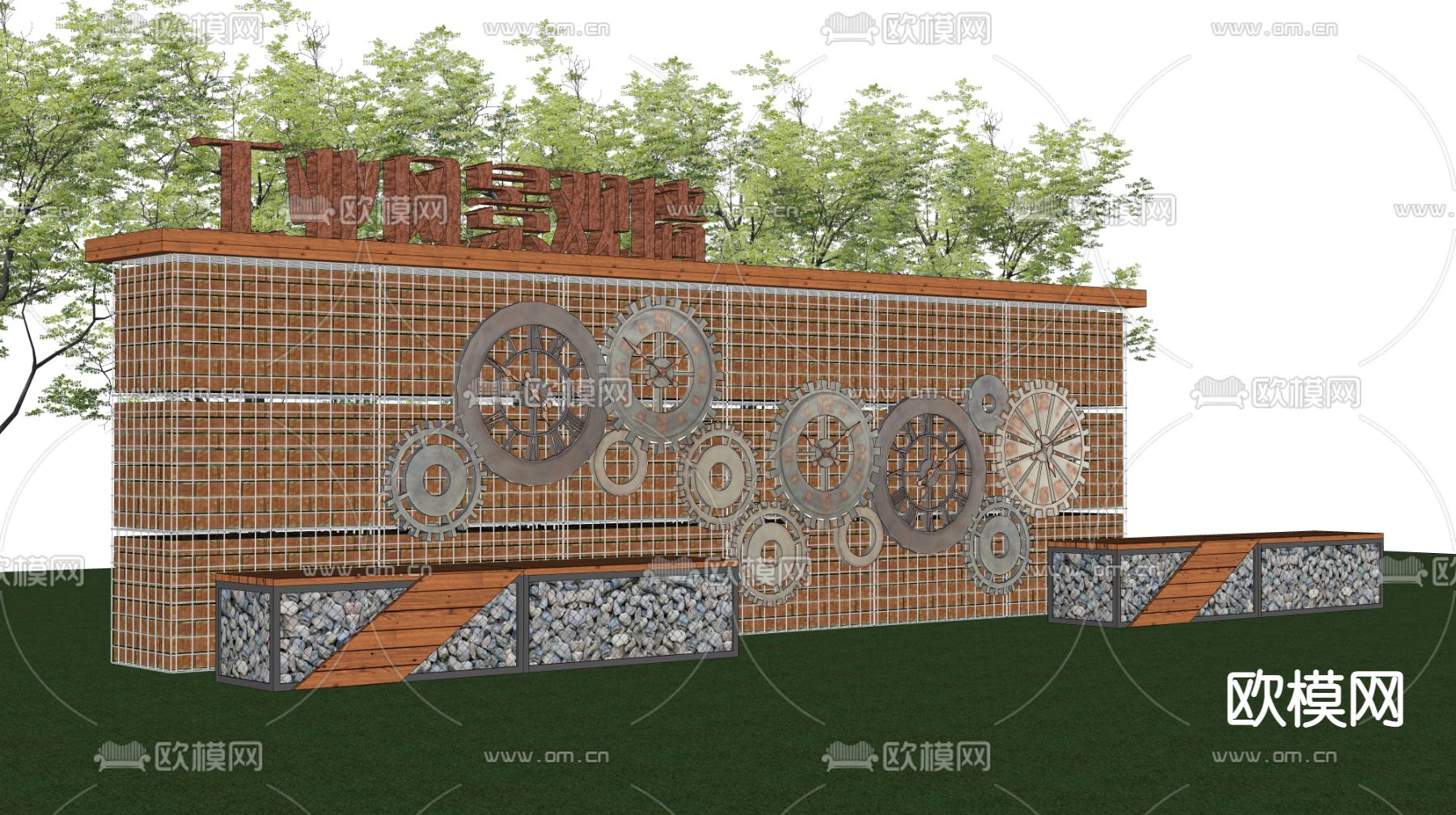 工业风宾格石笼景墙su模型下载（渲染图1）