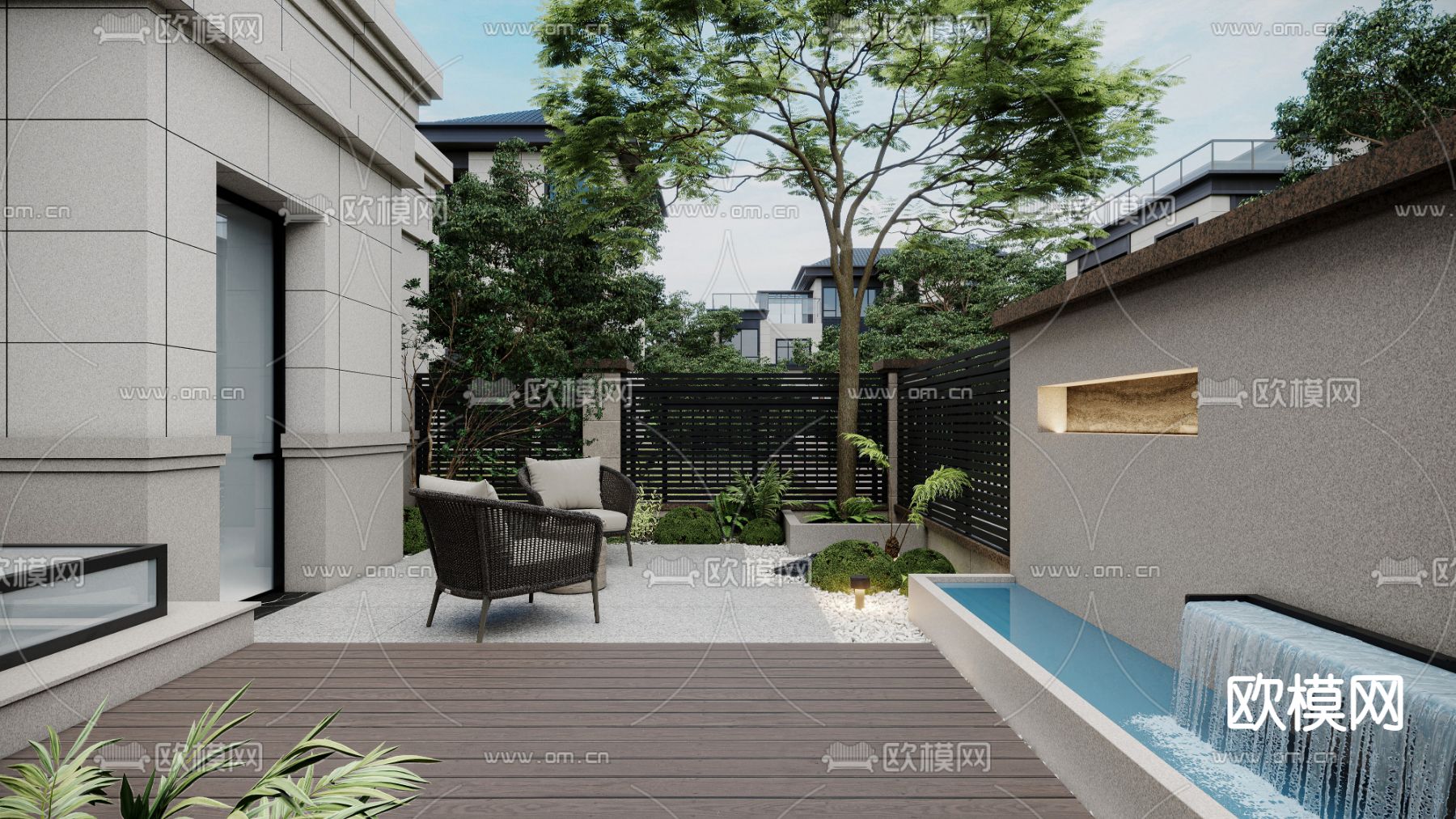 现代别墅后庭院 花园3d模型下载_ID12186681_3dmax免费模型-欧模网