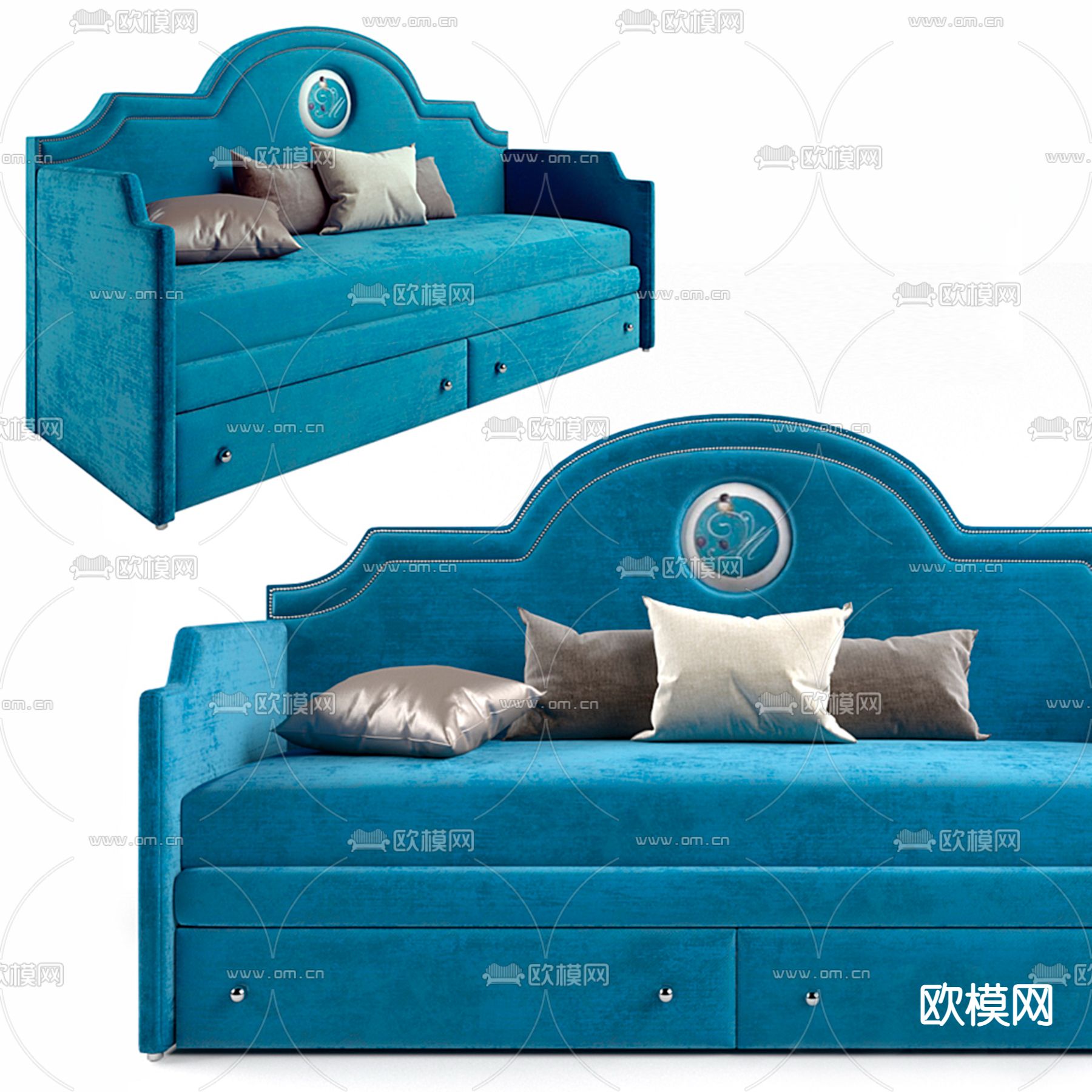欧式蓝色双人沙发3d模型下载