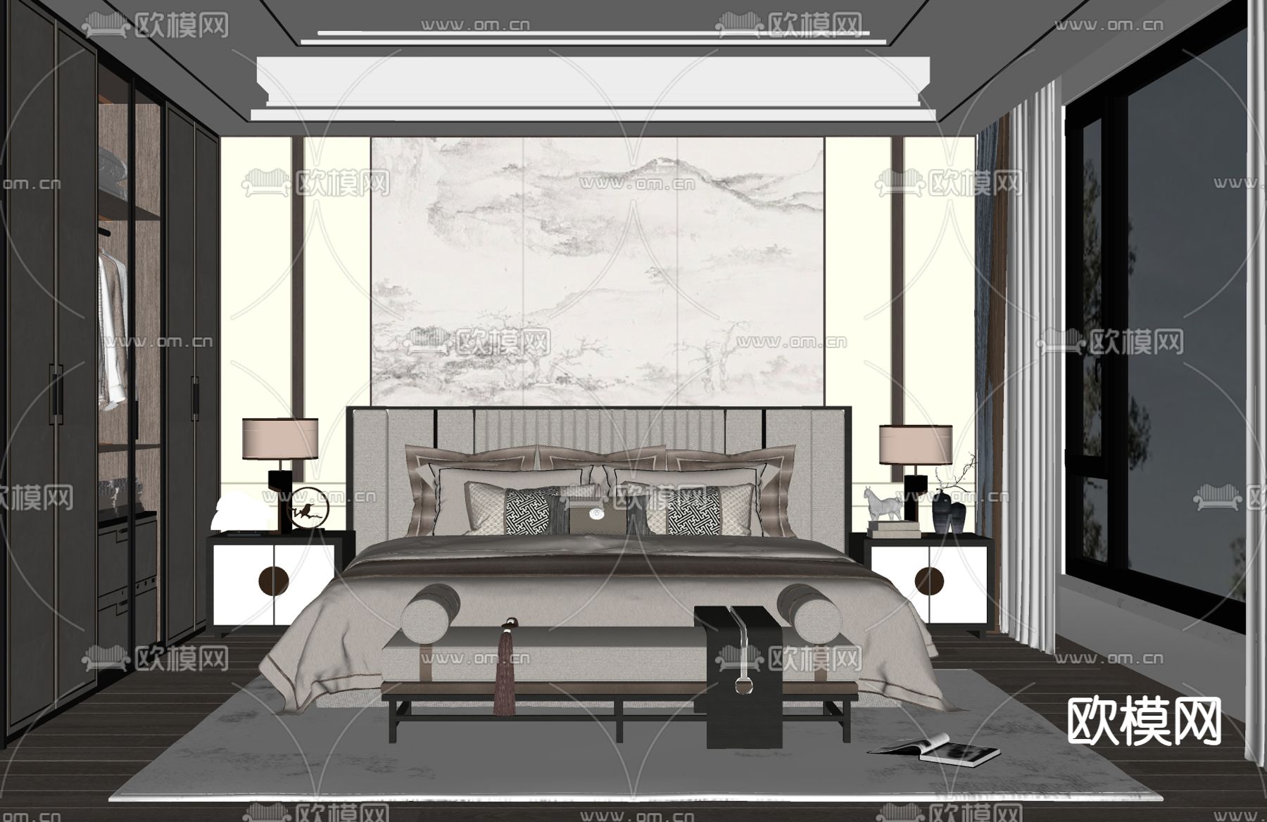 新中式卧室su模型下载（渲染图2）