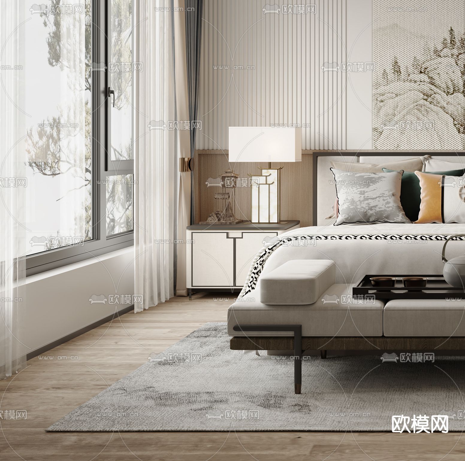 新中式卧室su模型下载（渲染图2）
