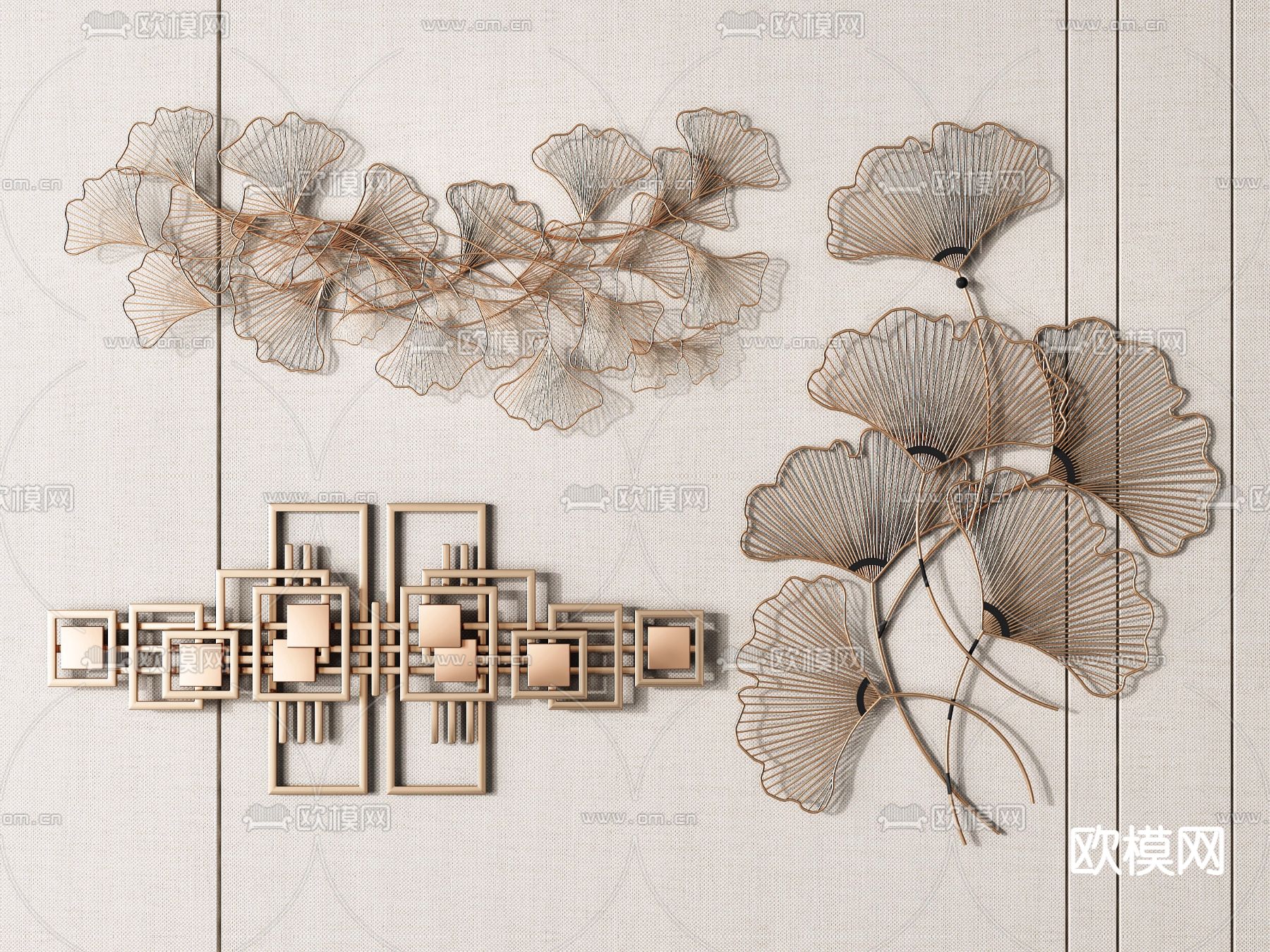 新中式银杏叶墙饰 挂件su模型下载（渲染图1）