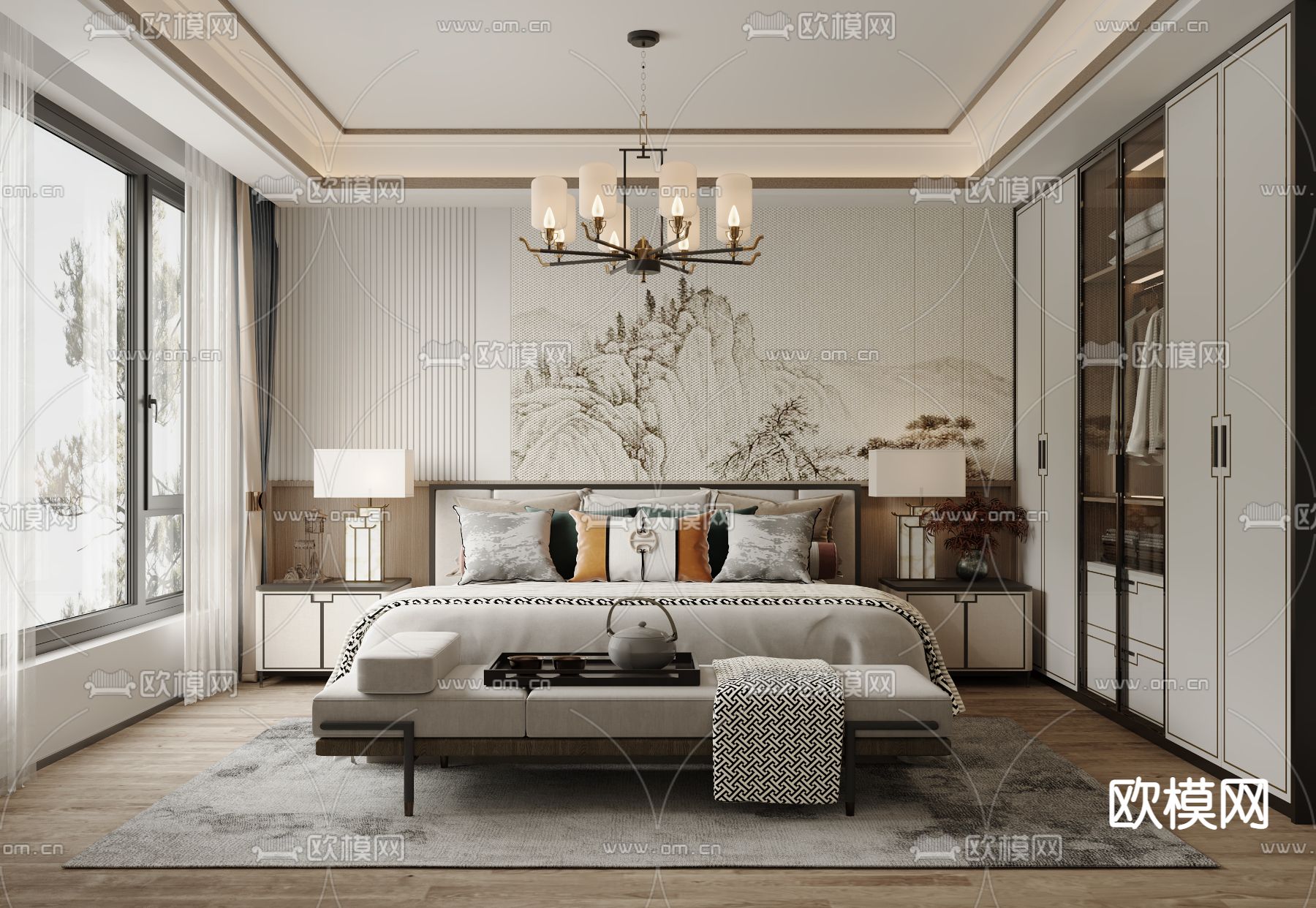 新中式卧室su模型下载（渲染图1）