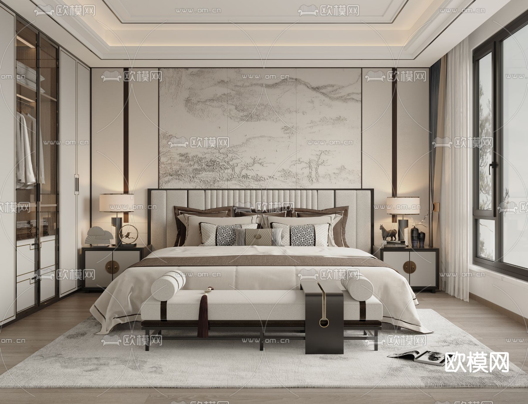 新中式卧室su模型下载（渲染图4）