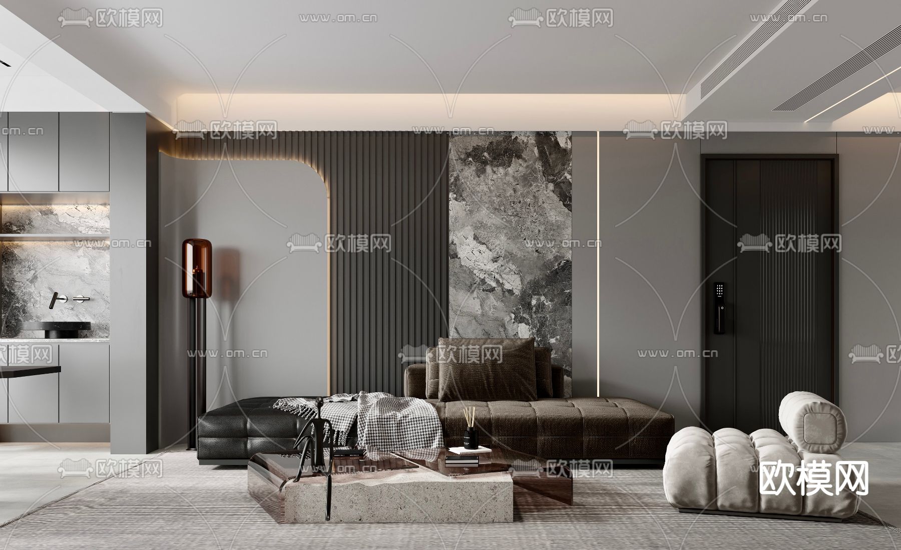 高级灰客餐厅3d模型下载（渲染图1）