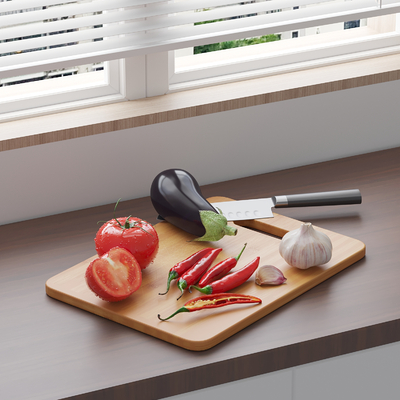  辣椒 西红柿 茄子 大蒜 刀 砧板su模型 