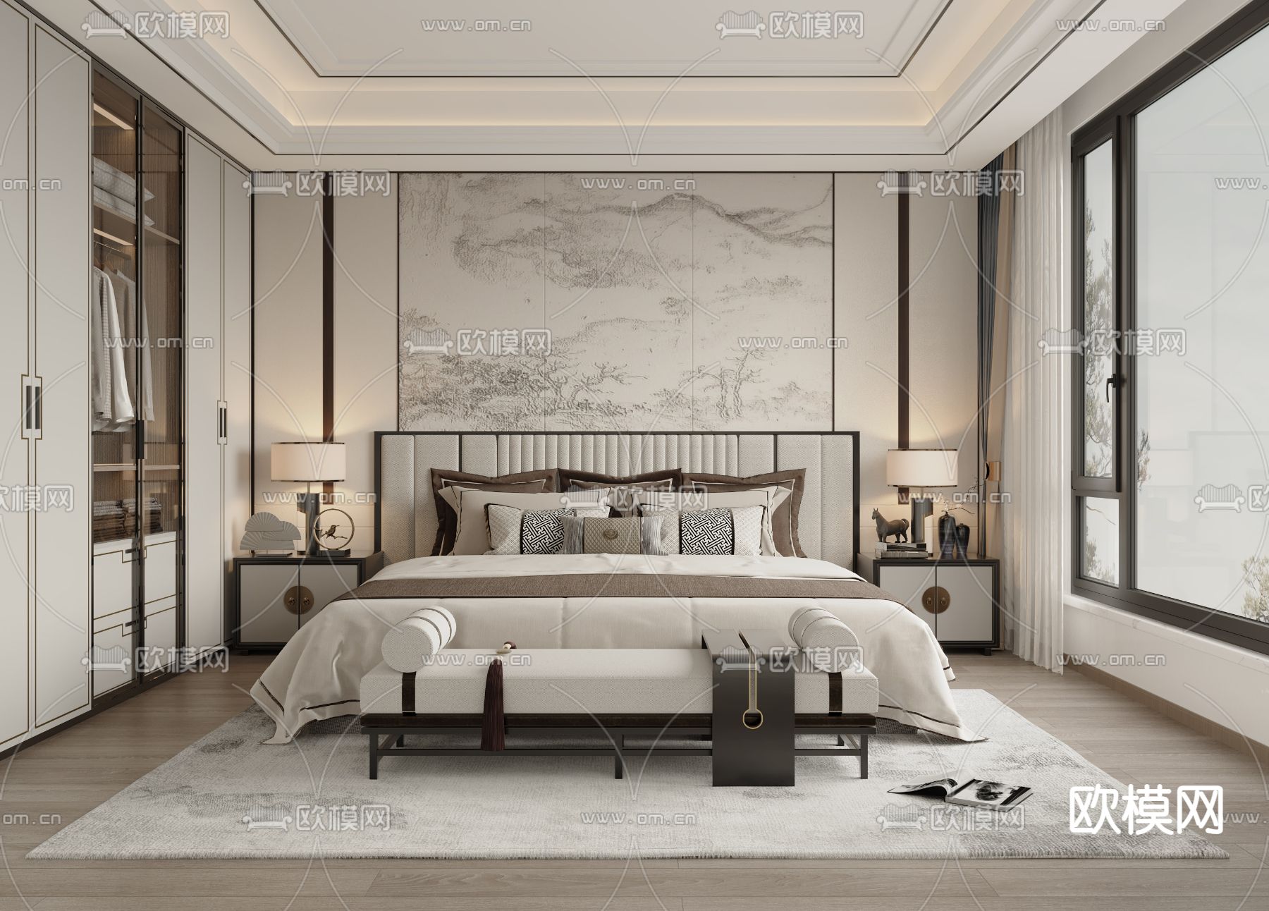 新中式卧室su模型下载（渲染图1）