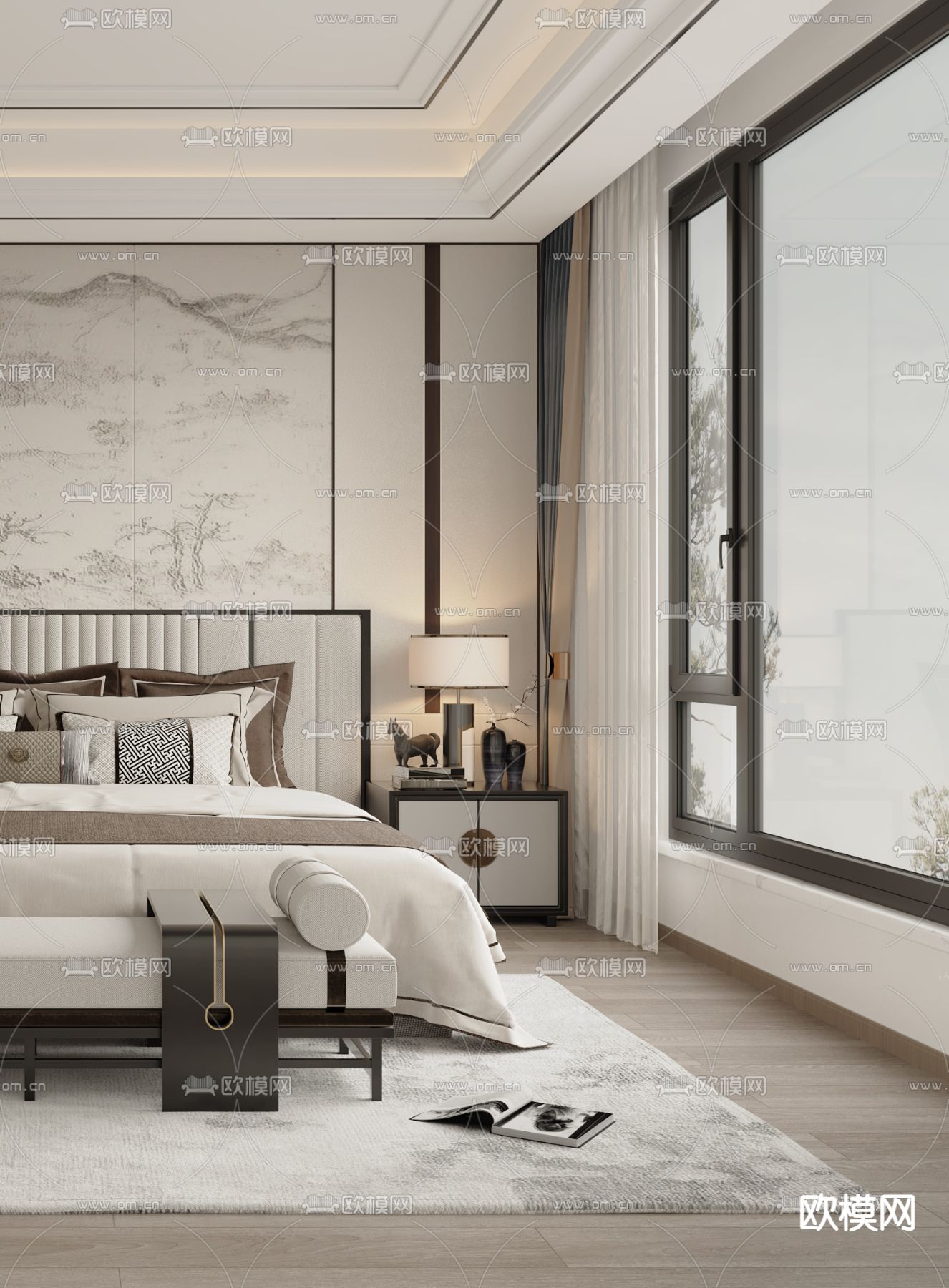 新中式卧室su模型下载（渲染图3）