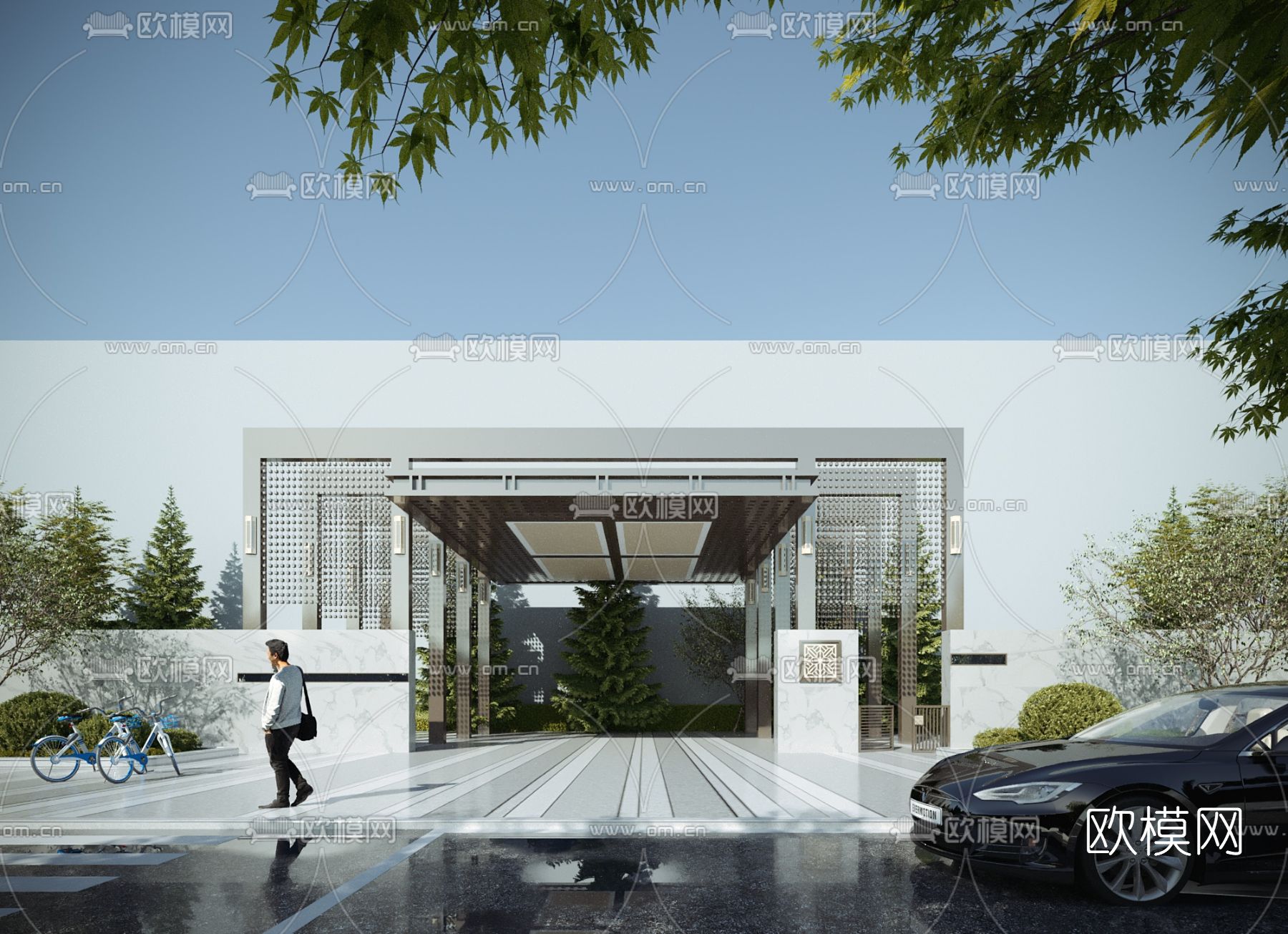 现代小区入口大门门头门面3d模型下载