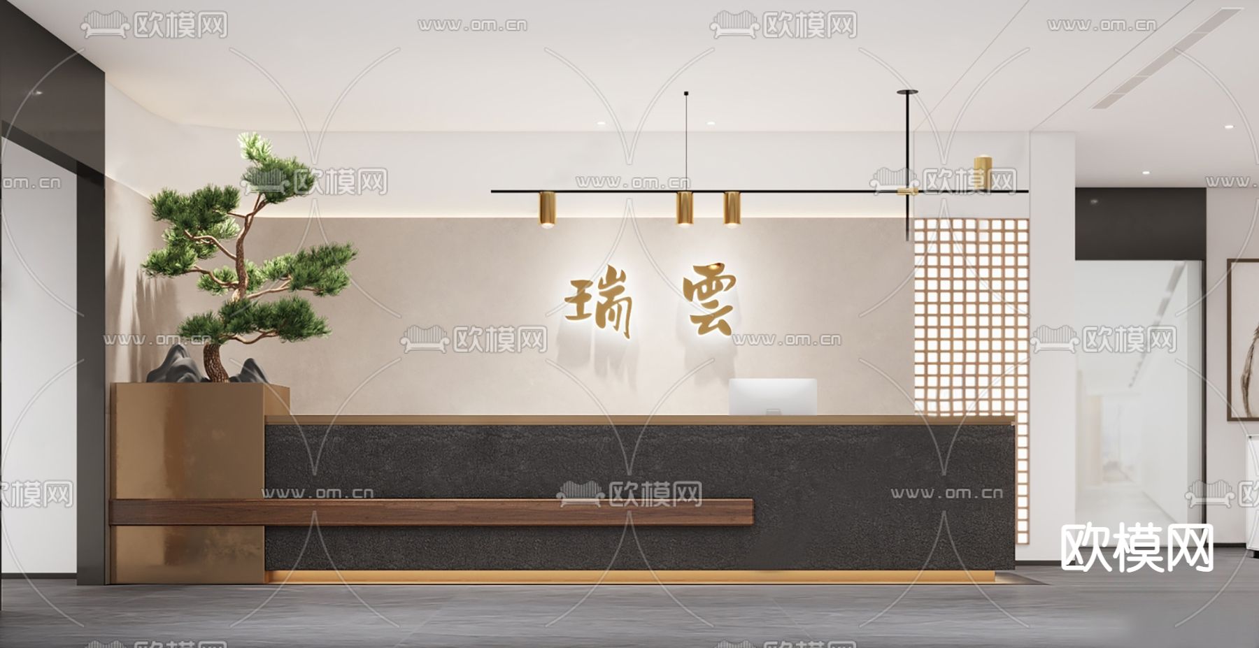 新中式前台接待台su模型下载_ID12192958_sketchup模型下载-欧模网