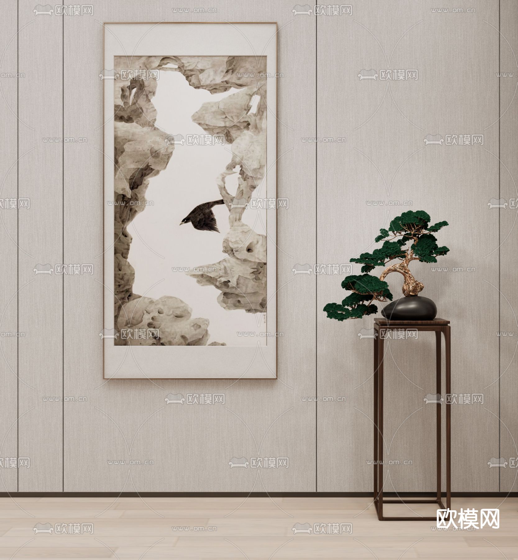 新中式艺术挂画su模型下载（渲染图1）