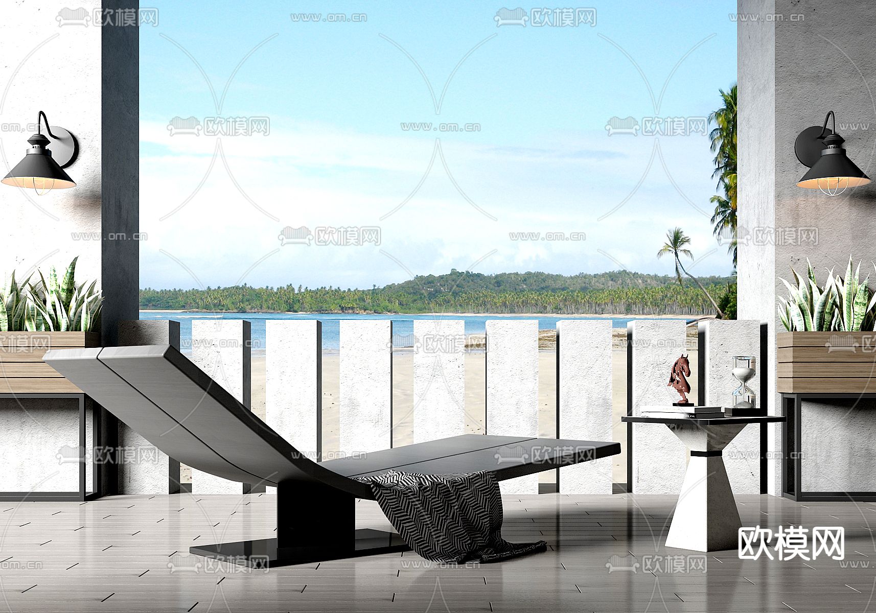 现代户外躺椅角几摆设组合su模型下载（渲染图1）