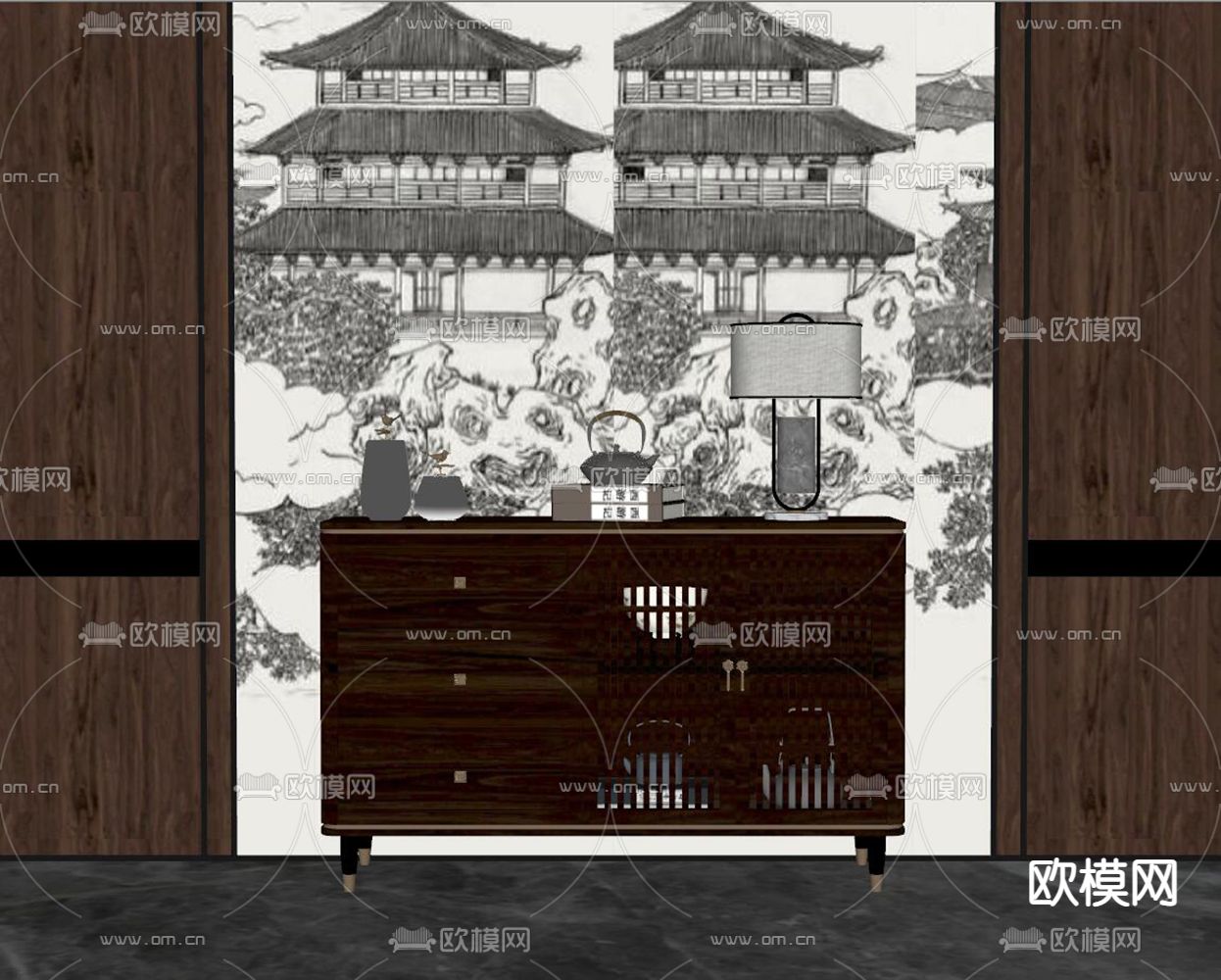 新中式餐边柜su模型下载（渲染图2）