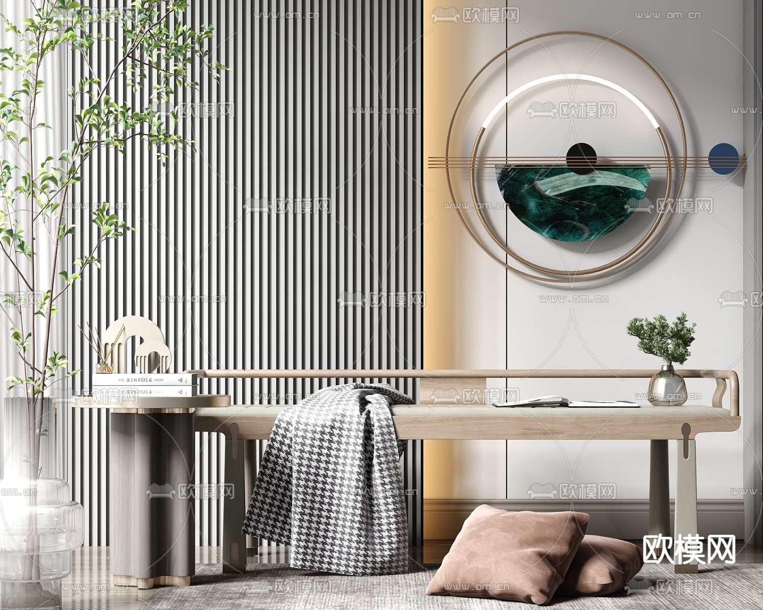 新中式轻奢沙发凳角几饰品组合su模型下载（渲染图1）