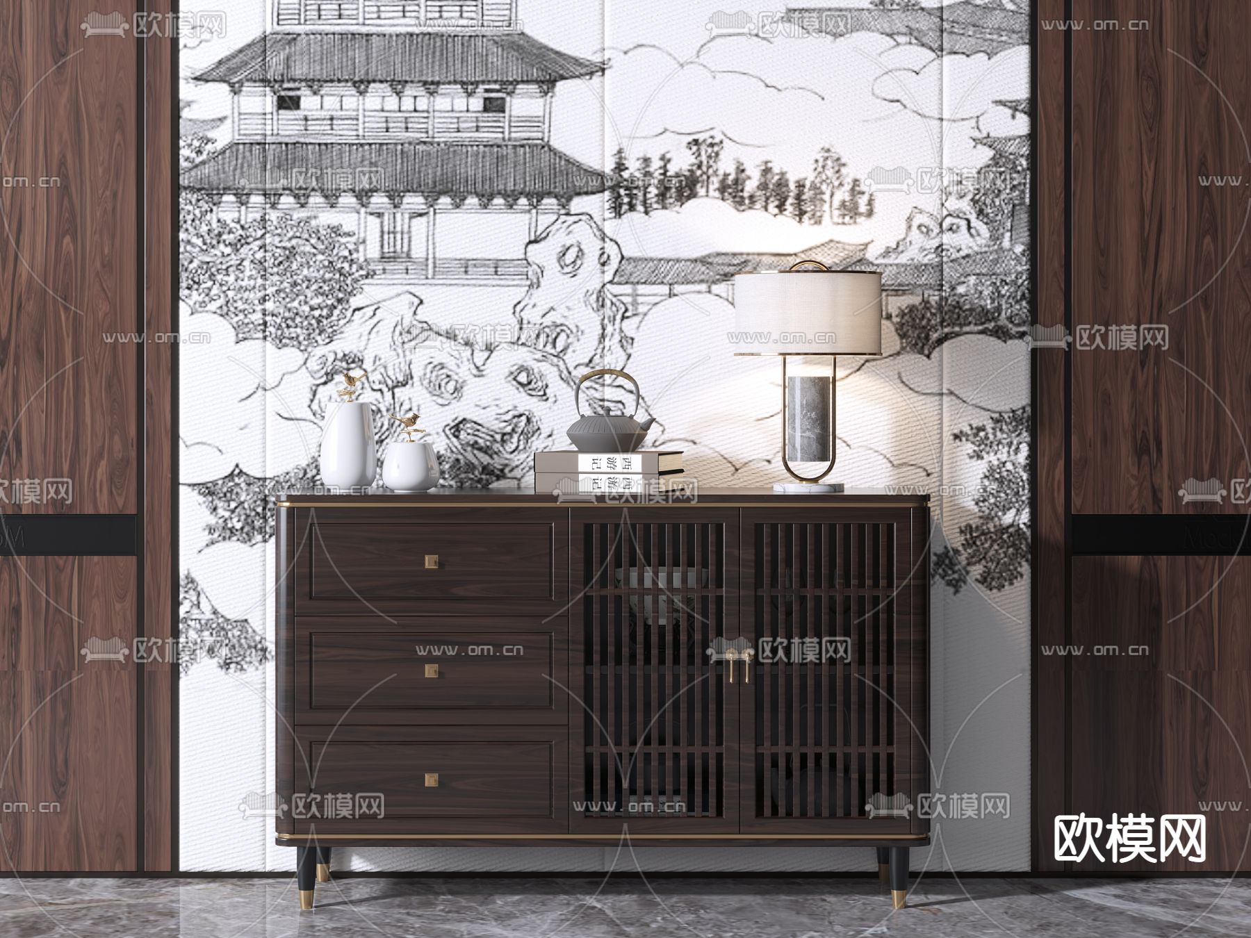 新中式餐边柜su模型下载（渲染图1）