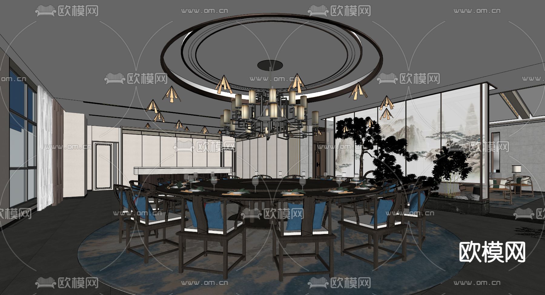 新中式餐厅包间su模型下载（渲染图2）