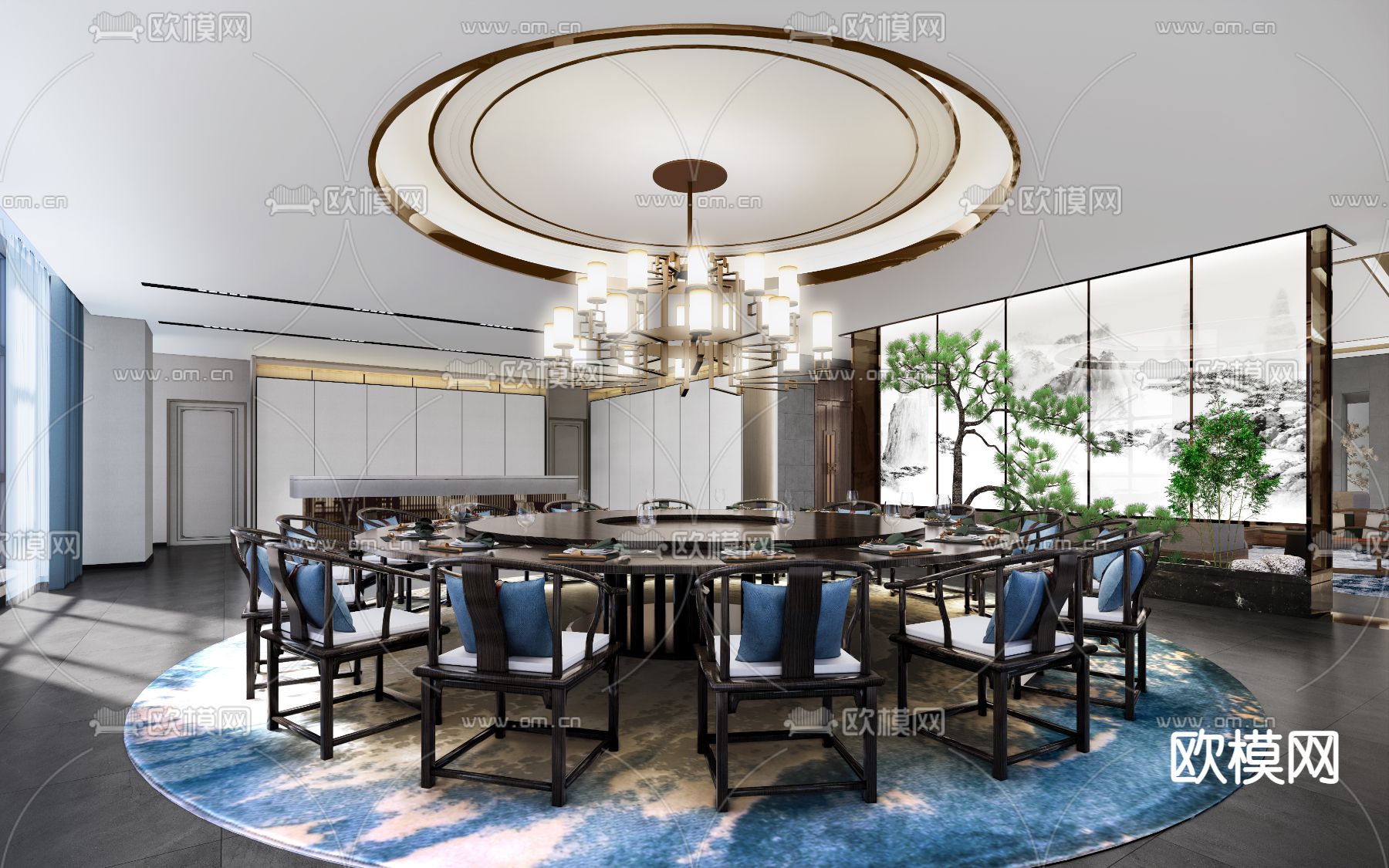 新中式餐厅包间su模型下载（渲染图1）