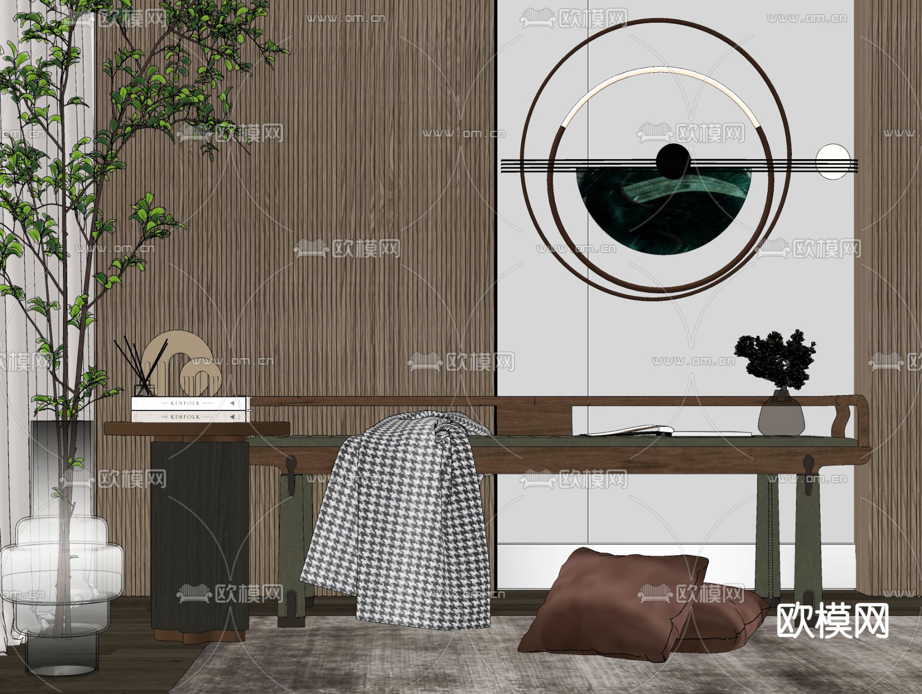 新中式轻奢沙发凳角几饰品组合su模型下载（渲染图2）