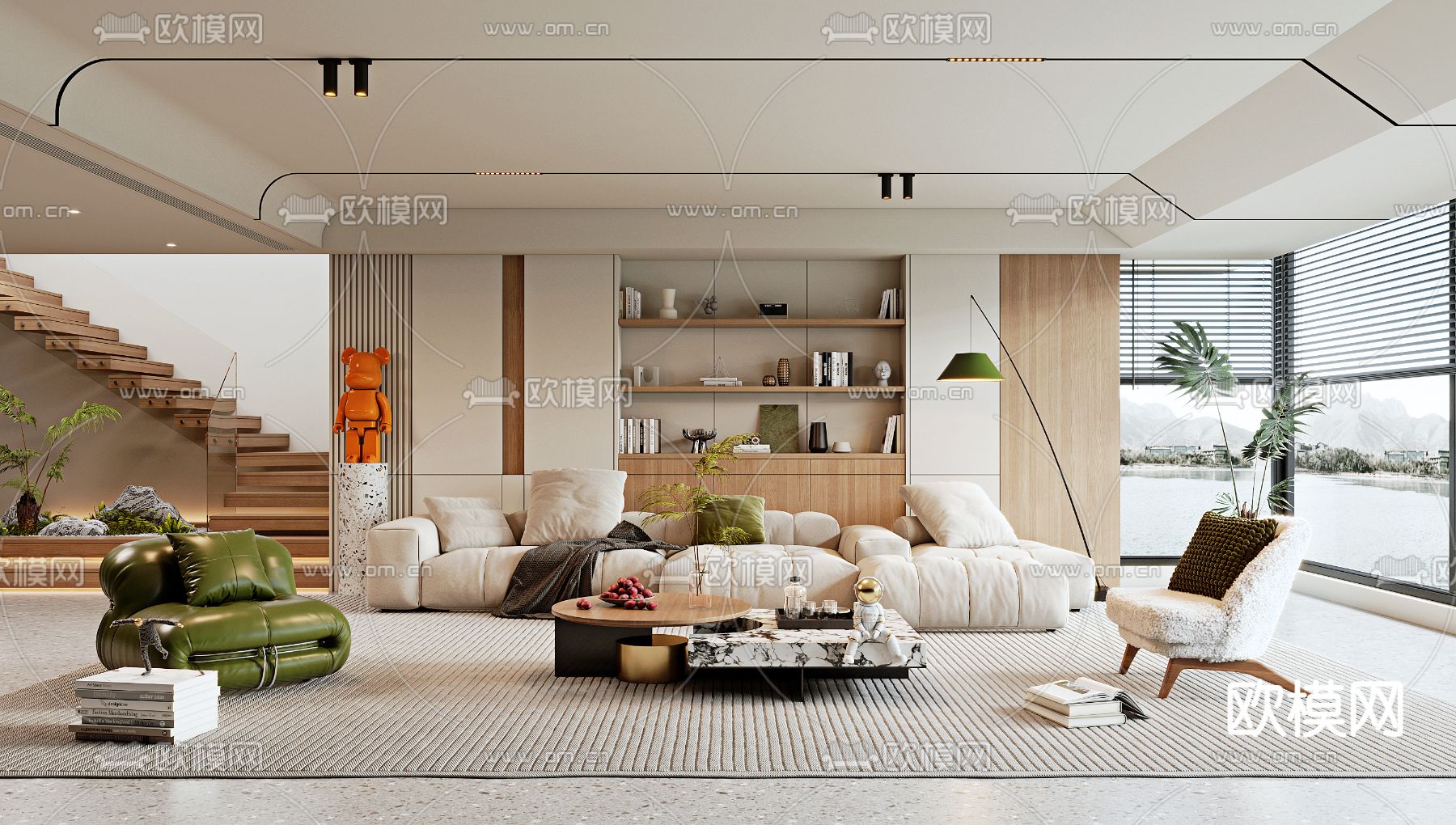 奶油风客厅3d模型下载（渲染图1）