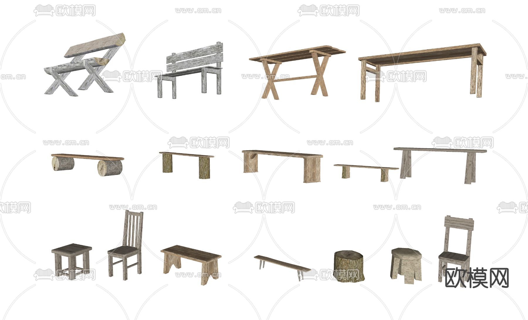 现代园艺木头椅子凳子长凳su模型下载（渲染图2）