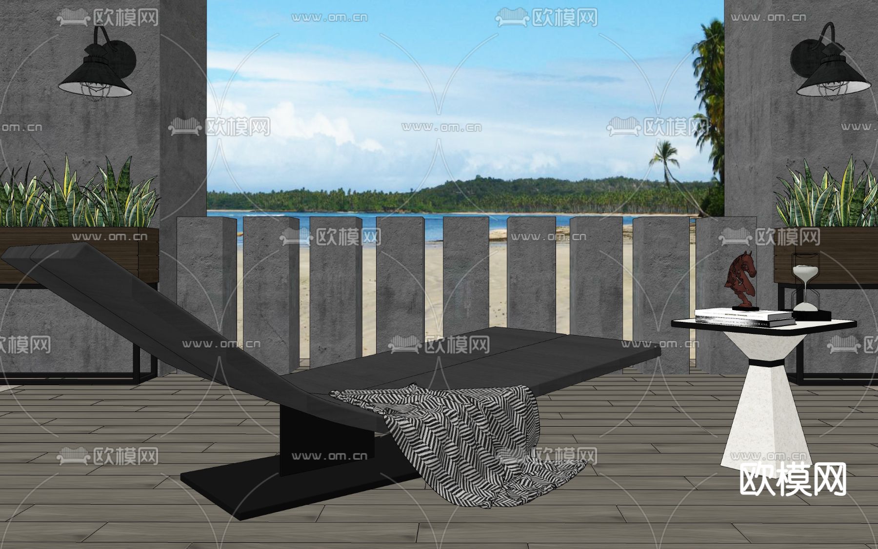 现代户外躺椅角几摆设组合su模型下载（渲染图2）