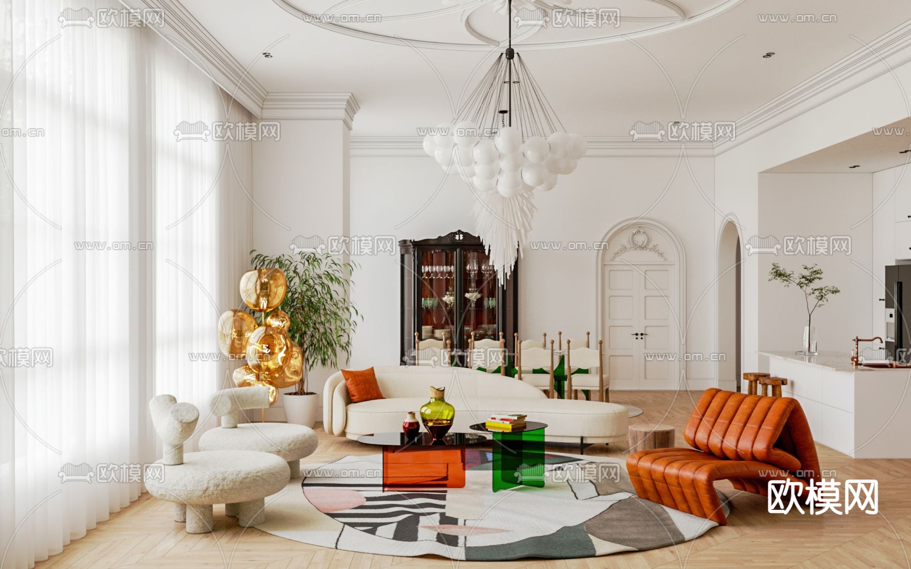 简欧客餐厅3d模型下载（渲染图1）