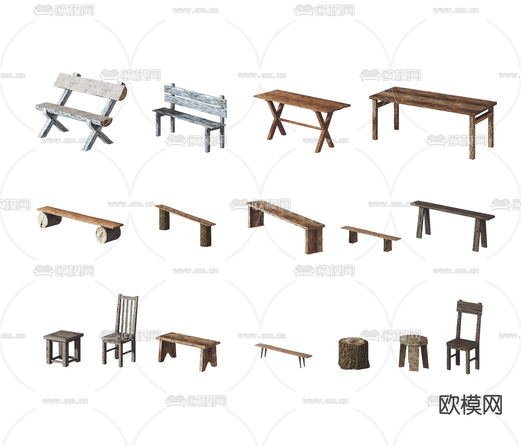 现代园艺木头椅子凳子长凳su模型下载（渲染图1）