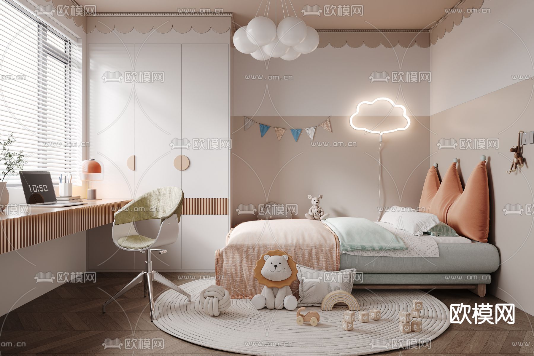 现代儿童房 女孩房3d模型下载（渲染图1）