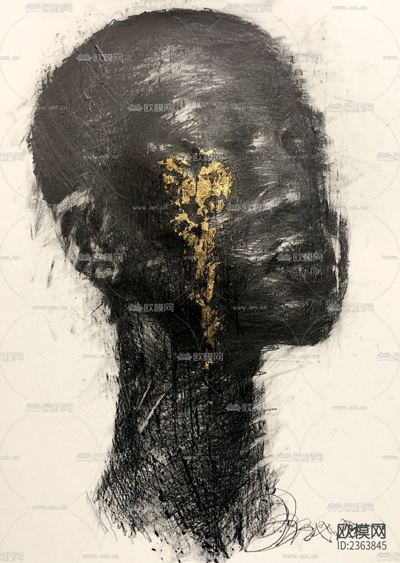 炭笔烫金人物肖像画