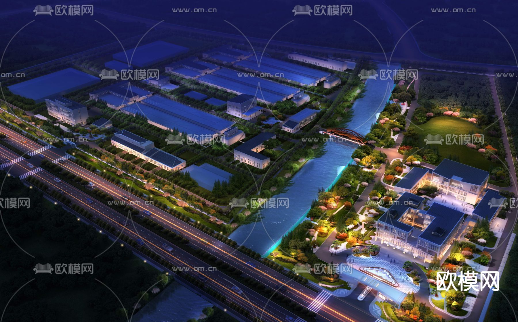 园林夜景鸟瞰psd下载