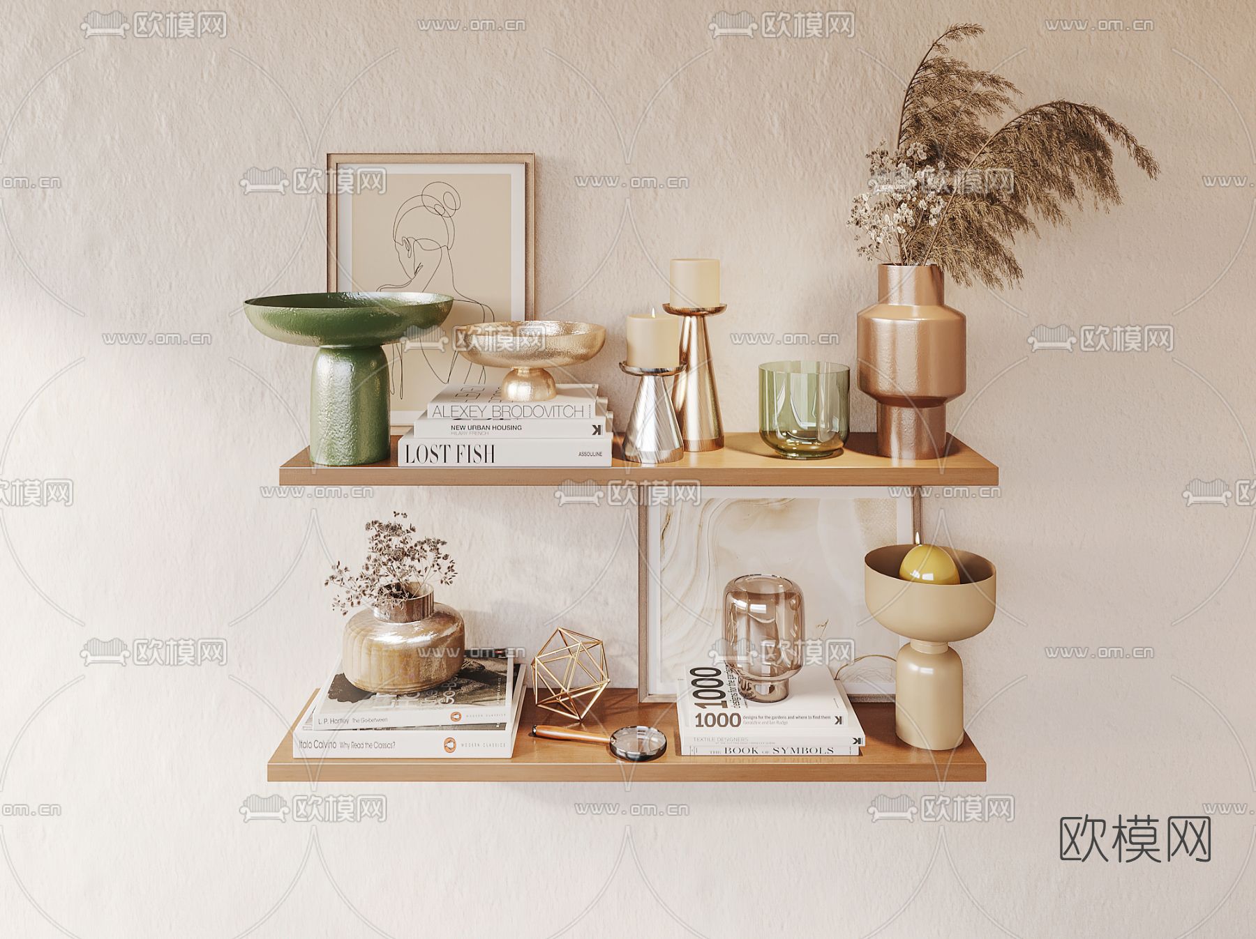 现代器皿书籍干枝花瓶摆件3d模型下载