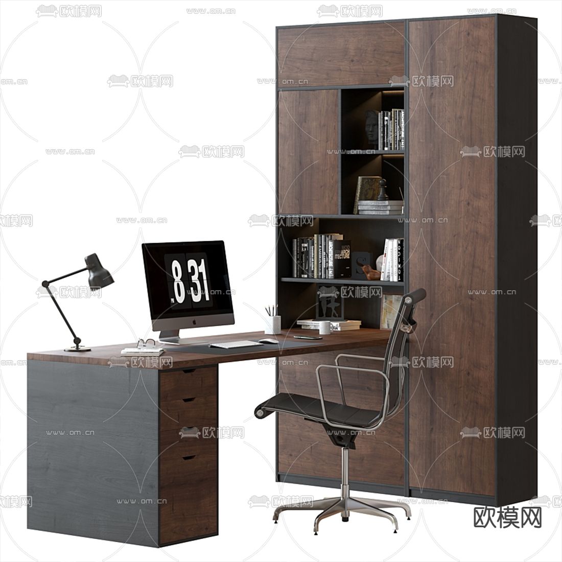 现代班台桌 办公柜3d模型下载（渲染图3）