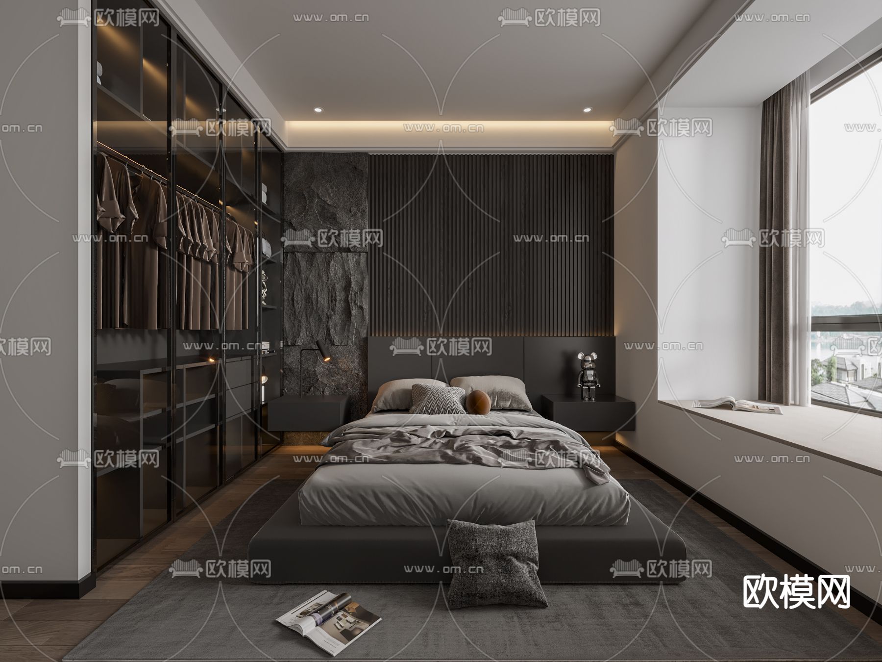 暗黑风卧室 主卧 主人房3d模型下载_ID12193978_3dmax免费模型-欧模网