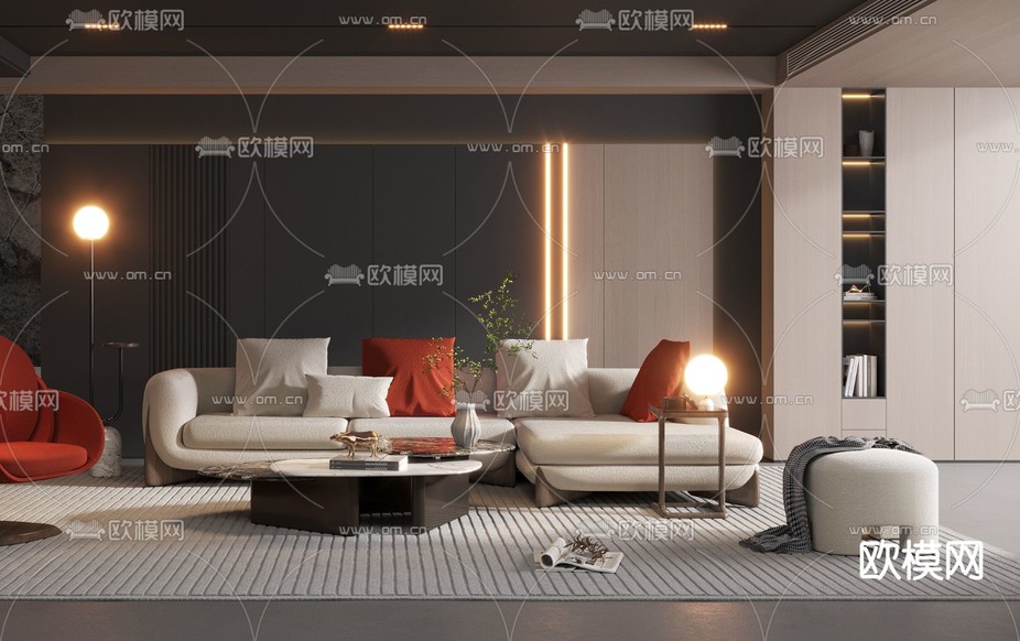 暗黑风客厅3d模型下载(渲染图3)