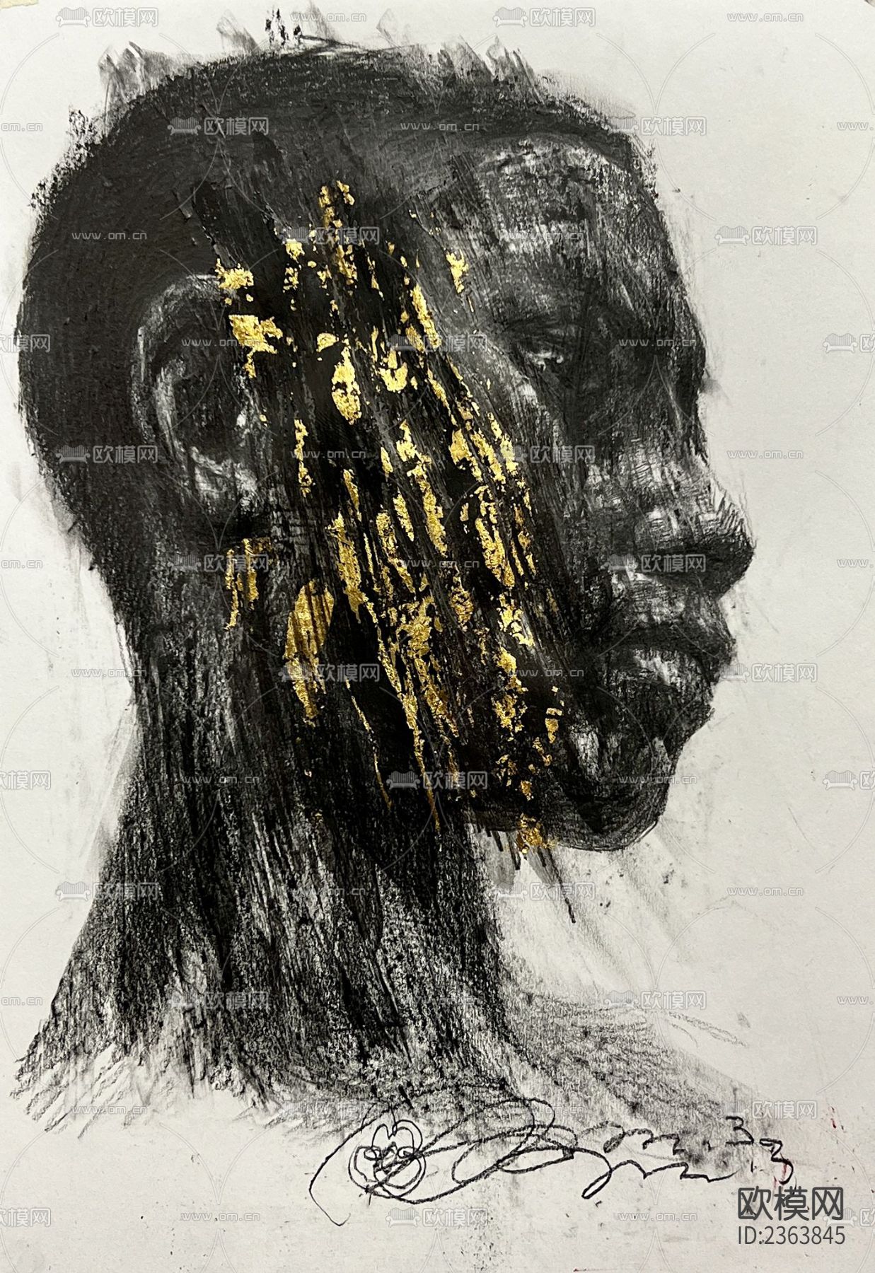 炭笔烫金人物肖像画