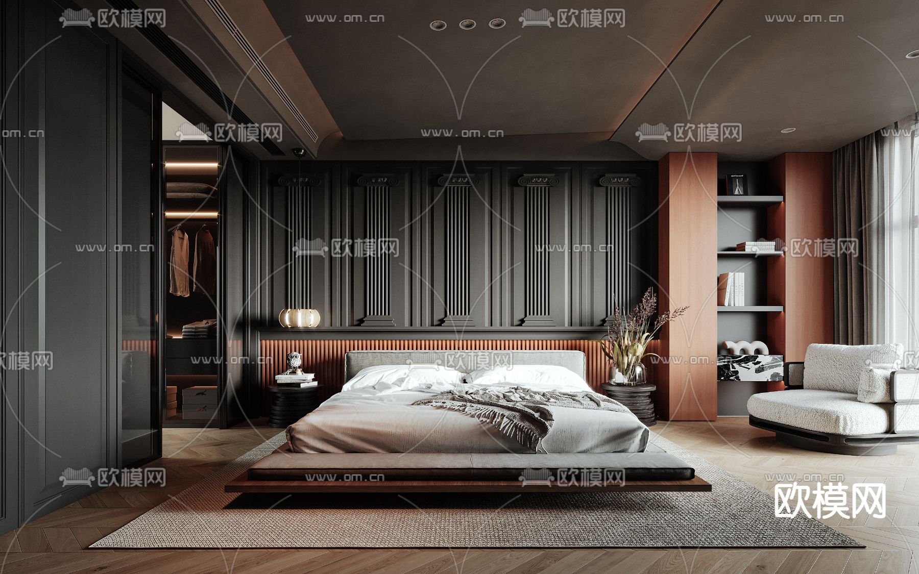 暗黑风卧室 主人房3d模型下载_ID12194553_3dmax免费模型-欧模网