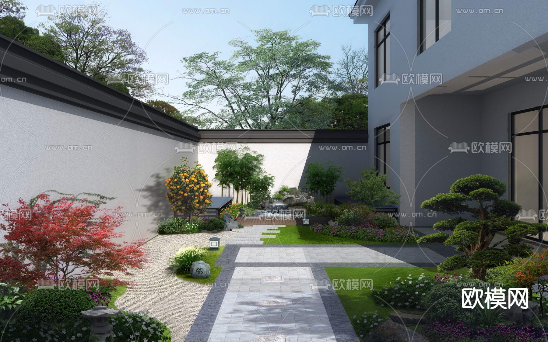 新中式庭院花园景观psd下载