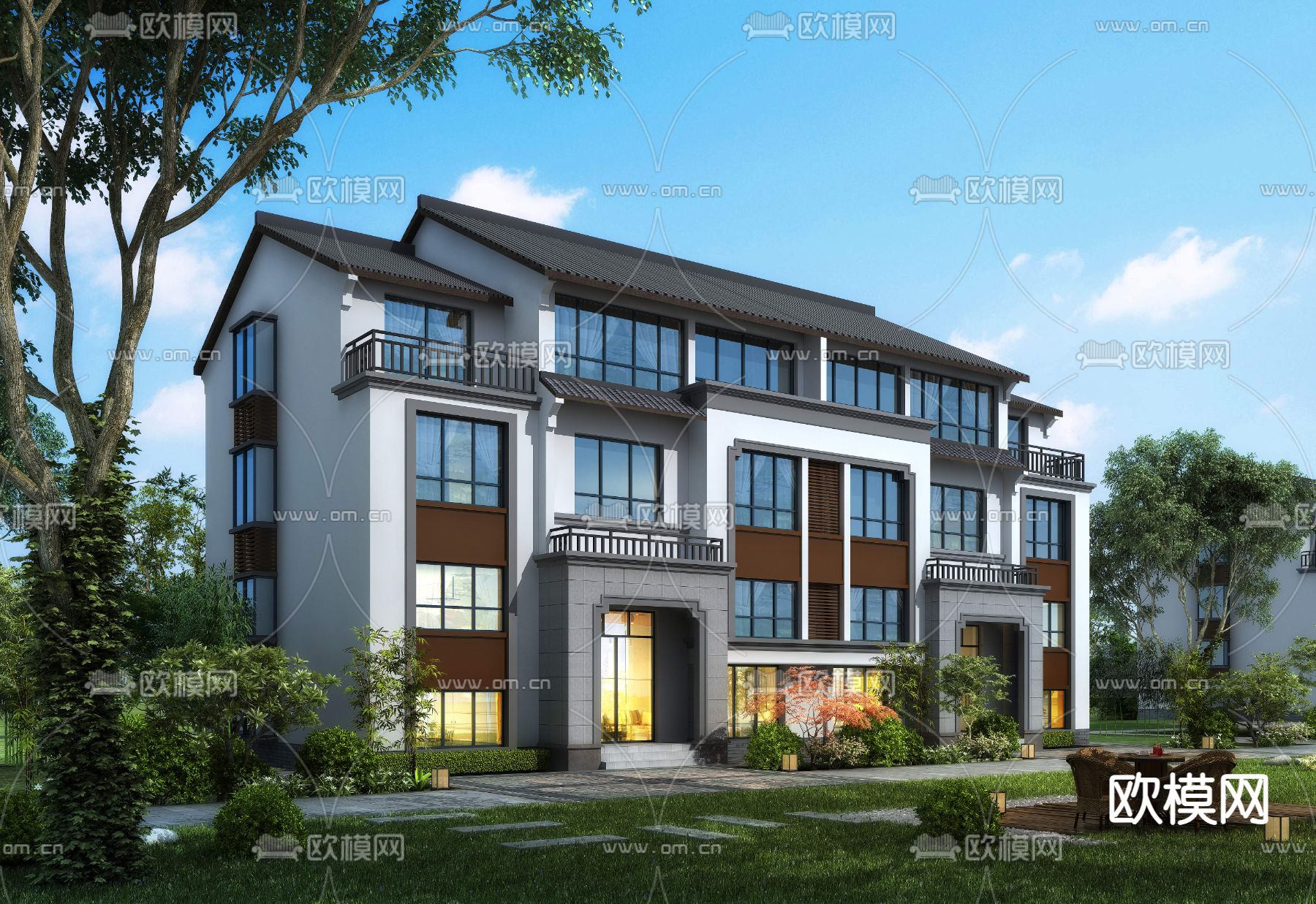 新中式别墅外观psd下载_ID12191644_3dmax免费模型-欧模网