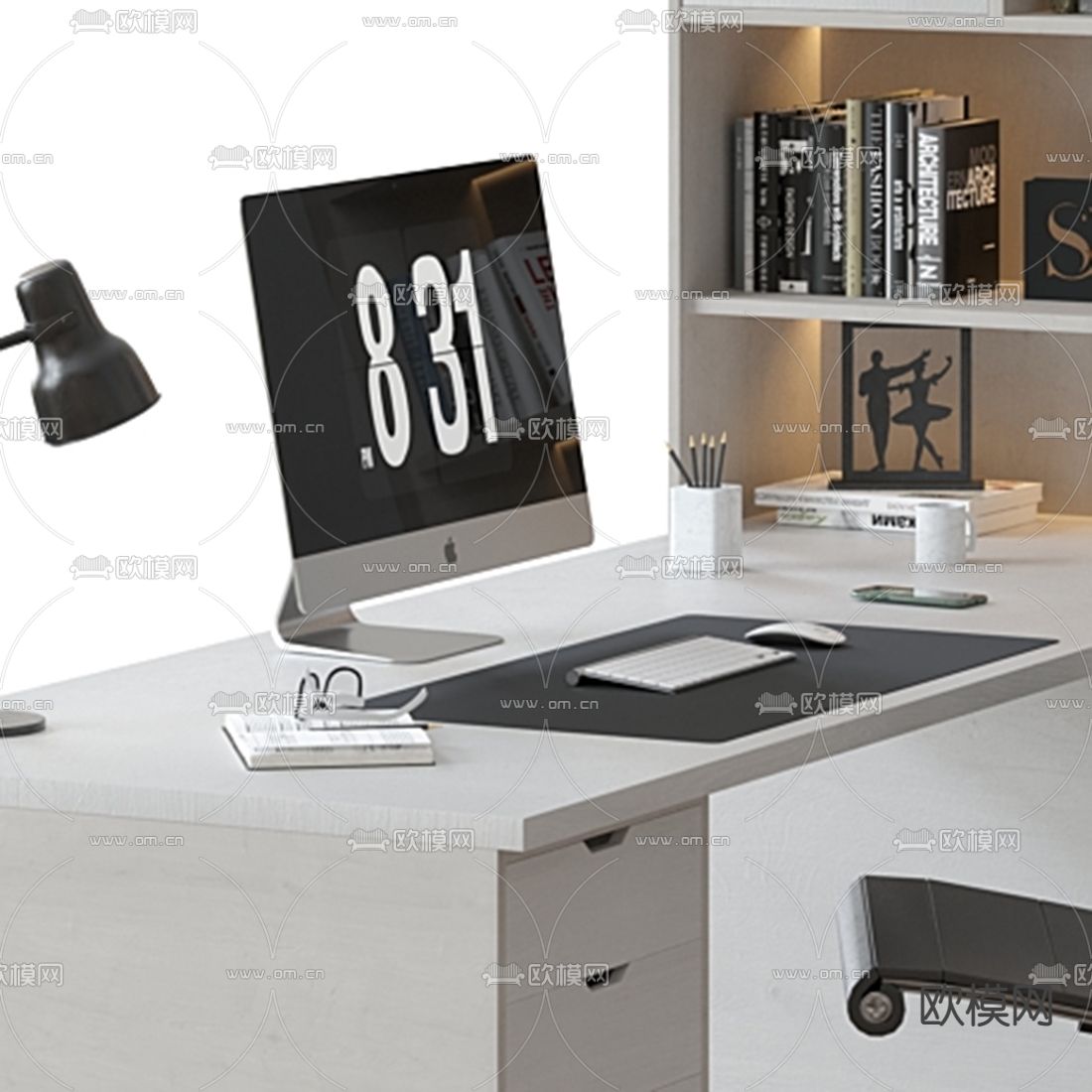 现代班台桌 办公柜3d模型下载（渲染图2）