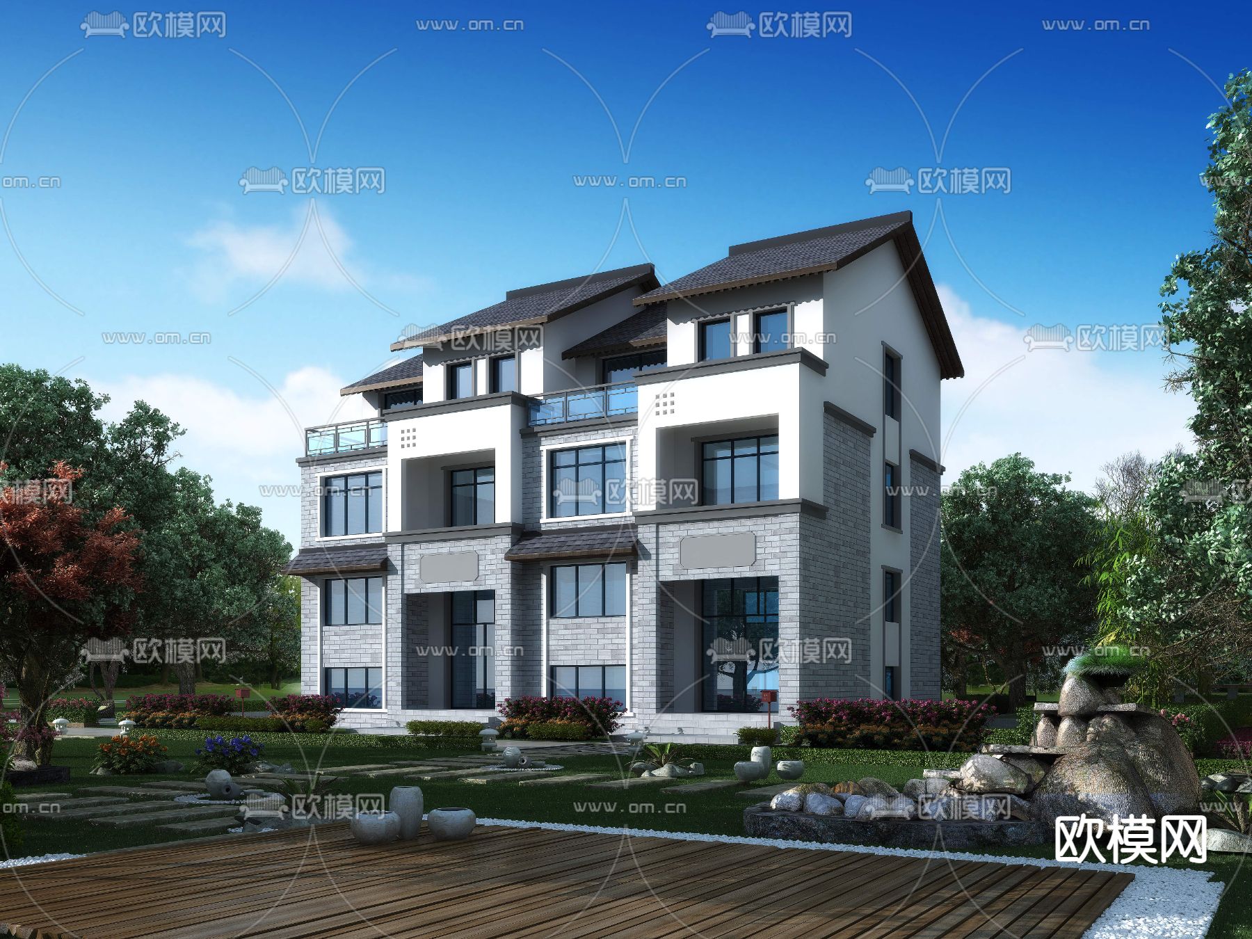 新中式别墅外观psd下载_ID12191640_3dmax免费模型-欧模网