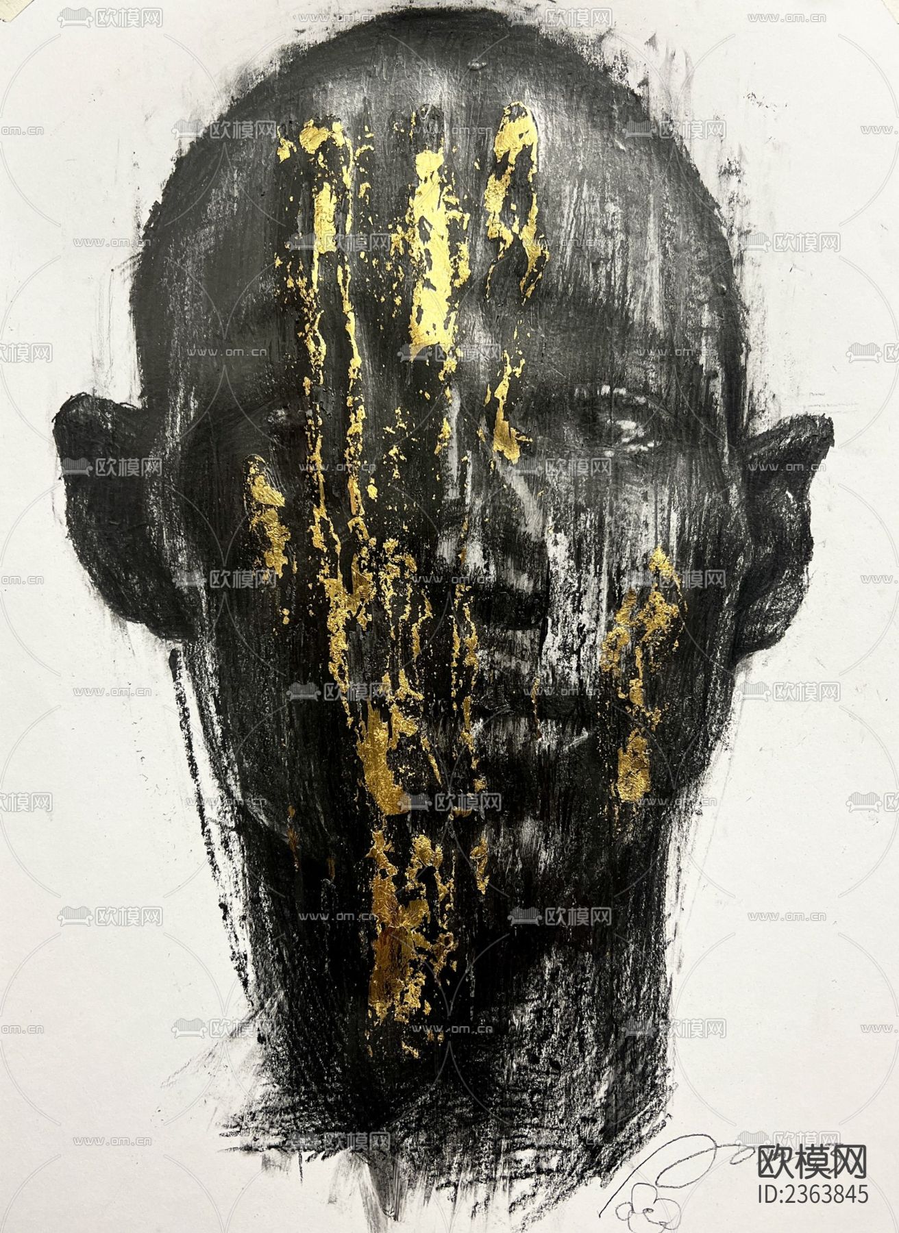 炭笔烫金人物肖像画