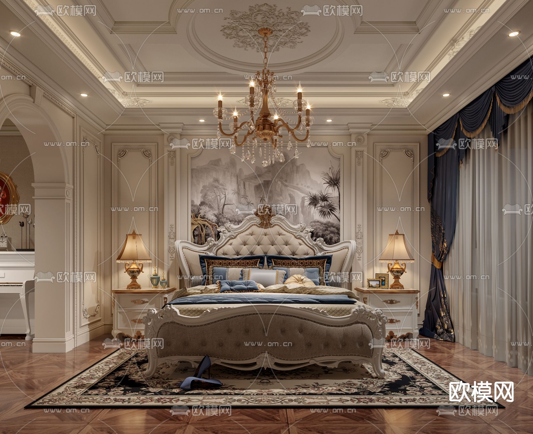 简欧卧室 主人房3d模型下载（渲染图1）
