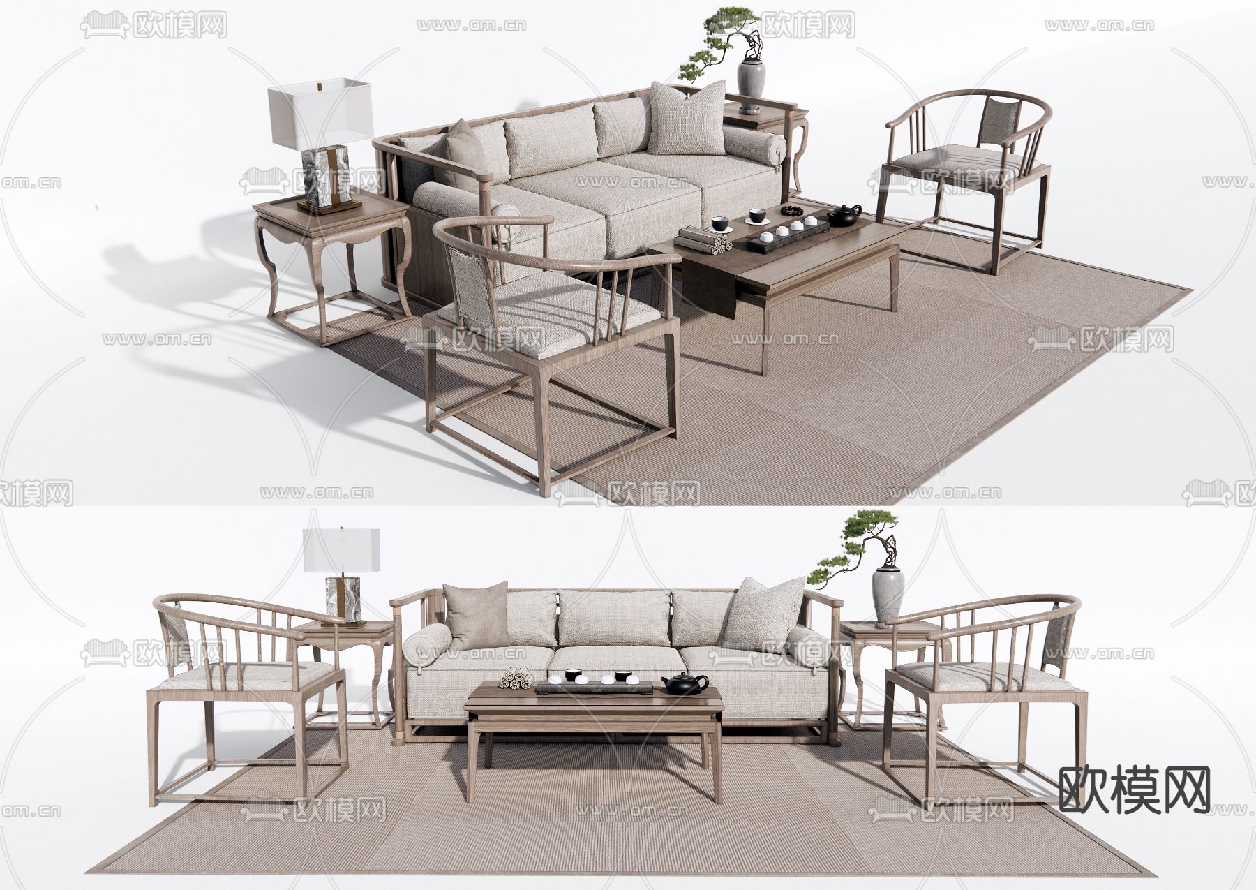 新中式组合沙发3d模型下载_ID12195805_3dmax免费模型-欧模网