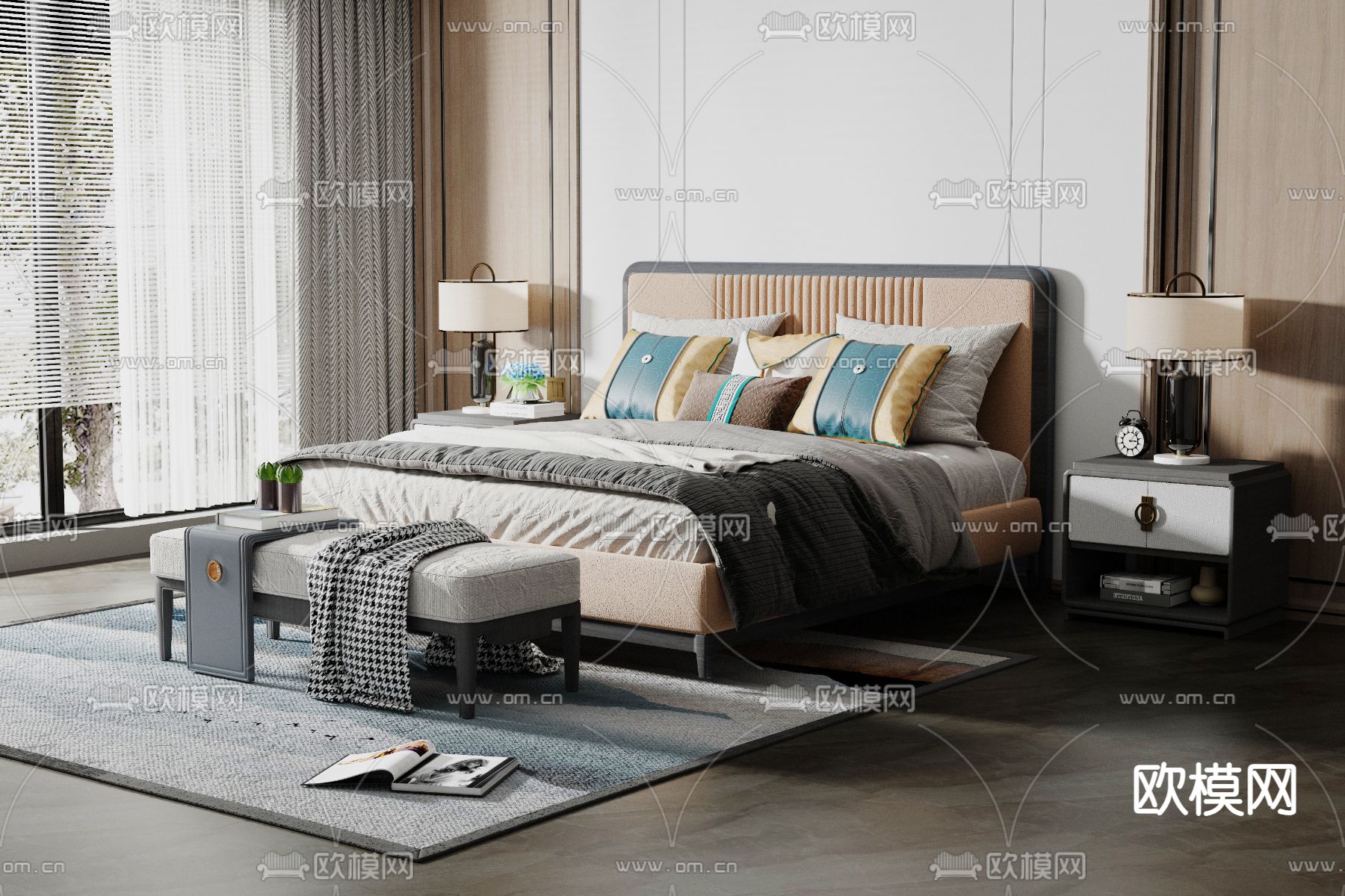 新中式双人床3d模型下载