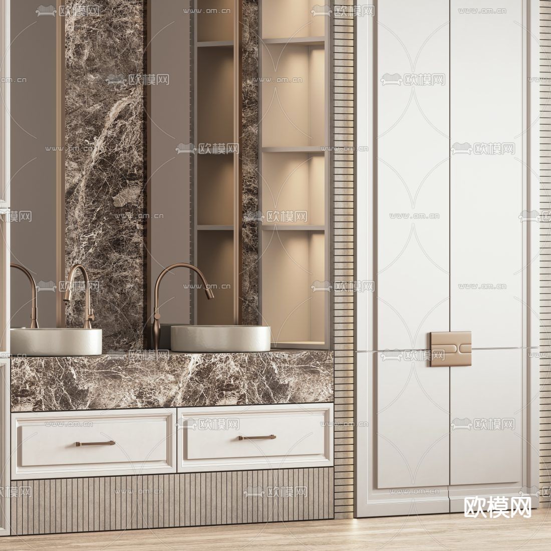 轻奢双盆洗手台 洗手盆3d模型下载（渲染图4）