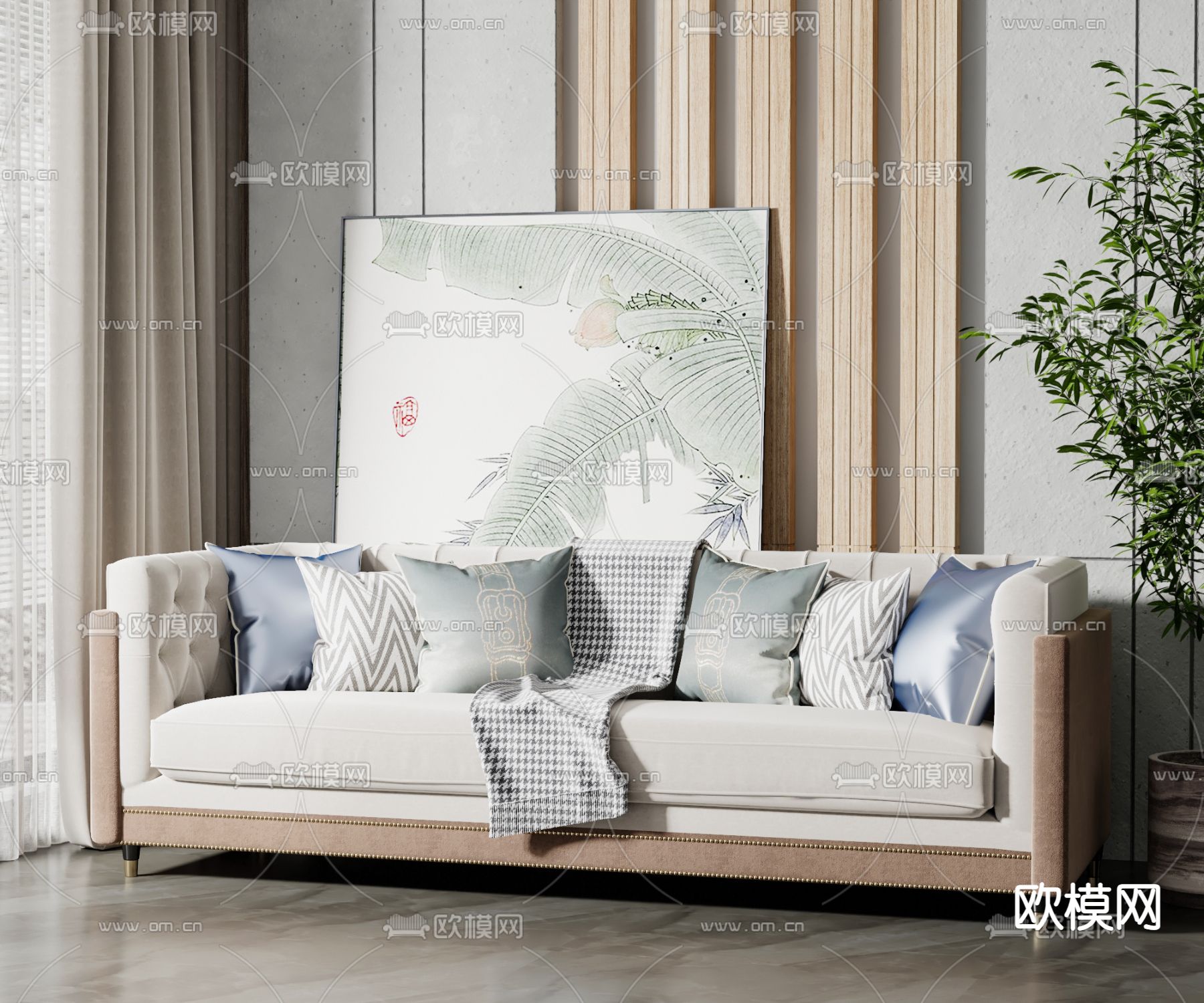 新中式布艺双人沙发su模型下载（渲染图1）